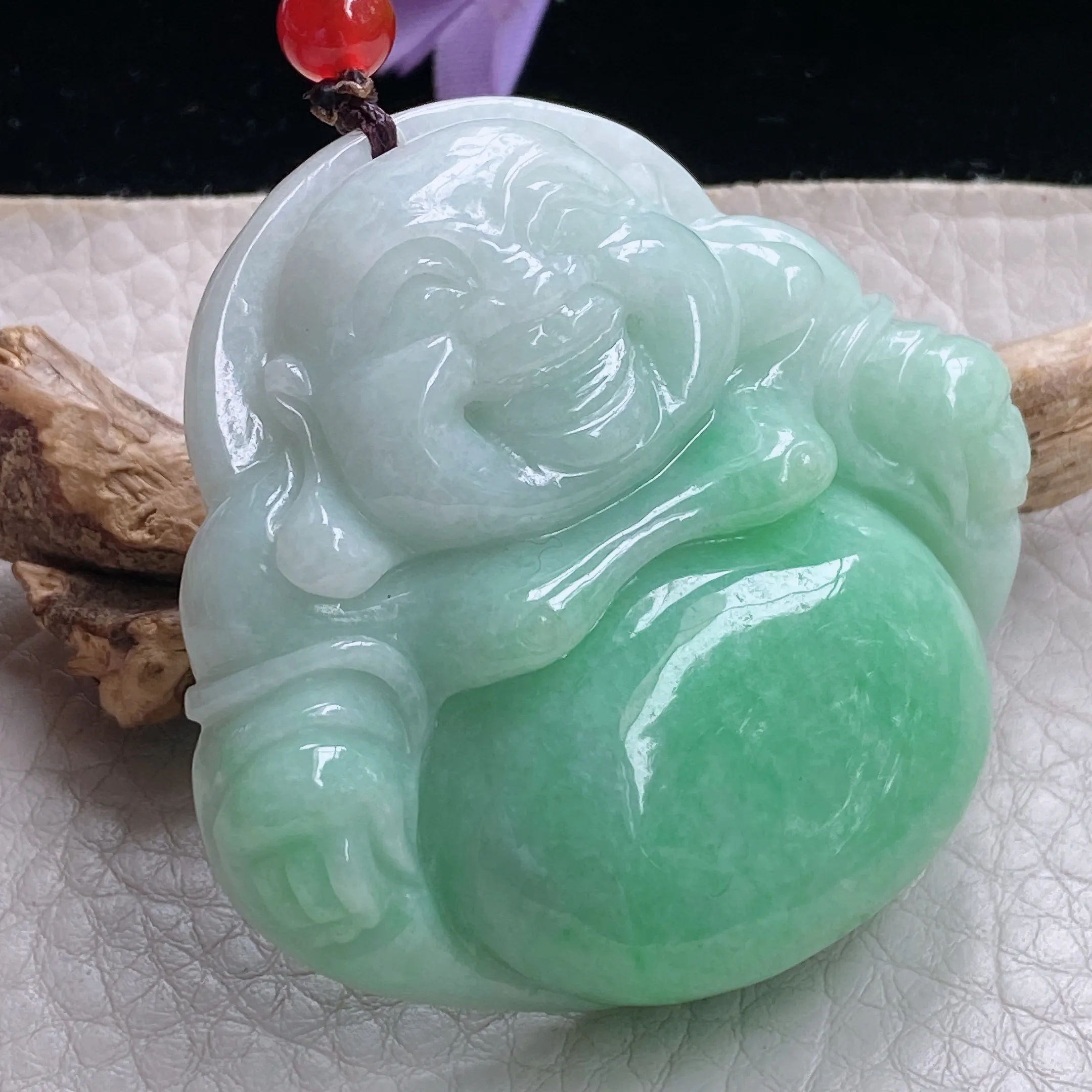 zen自然光49*52*12.8天然缅甸翡翠大佛公项坠豆绿俏雕弥勒佛像