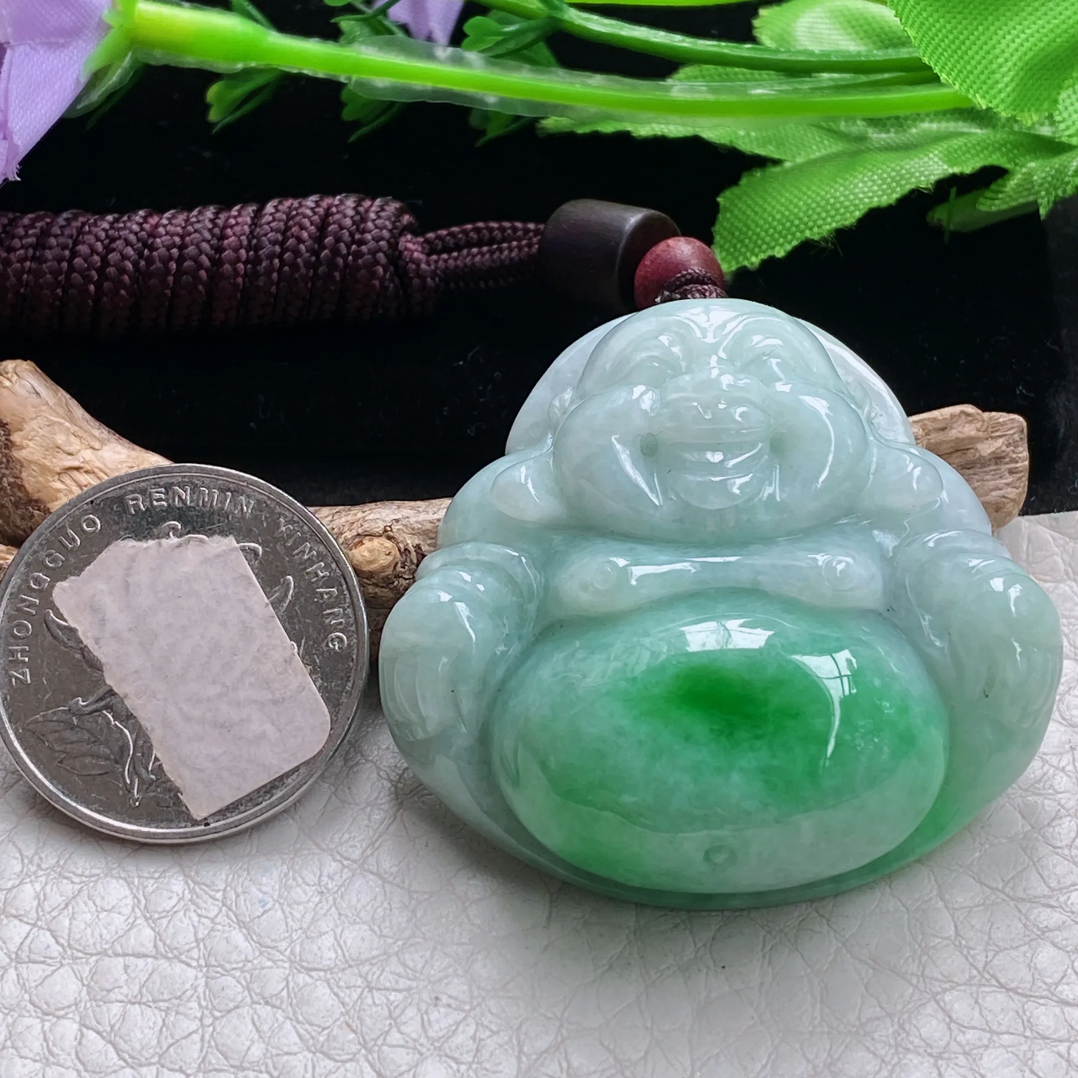 zen自然光41.5*43.8*14.5天然缅甸翡翠阳绿佛公 大肚开心佛玉吊坠
