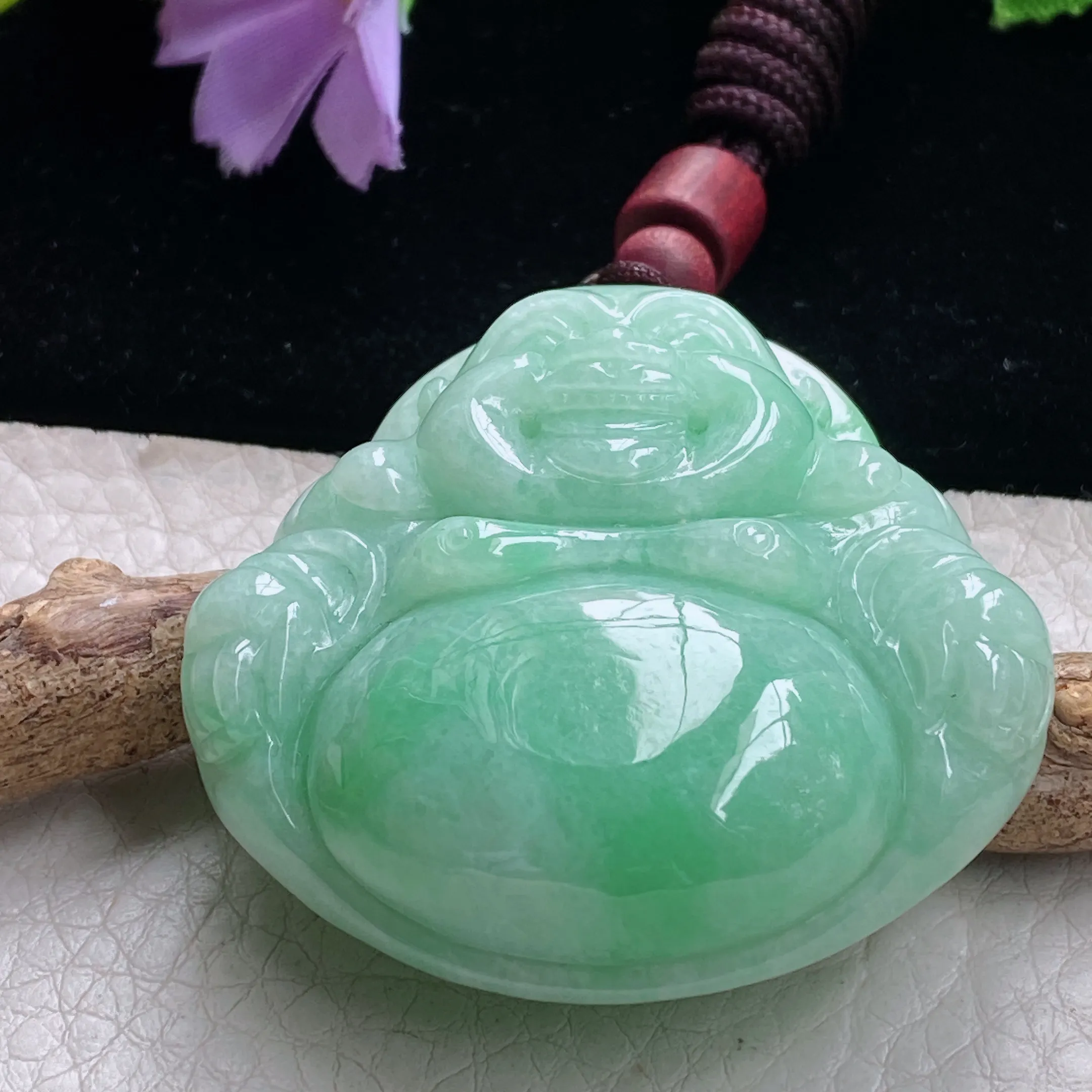 zen自然光45.6*46.2*13.3天然缅甸翡翠满绿佛公 大肚佛玉吊坠