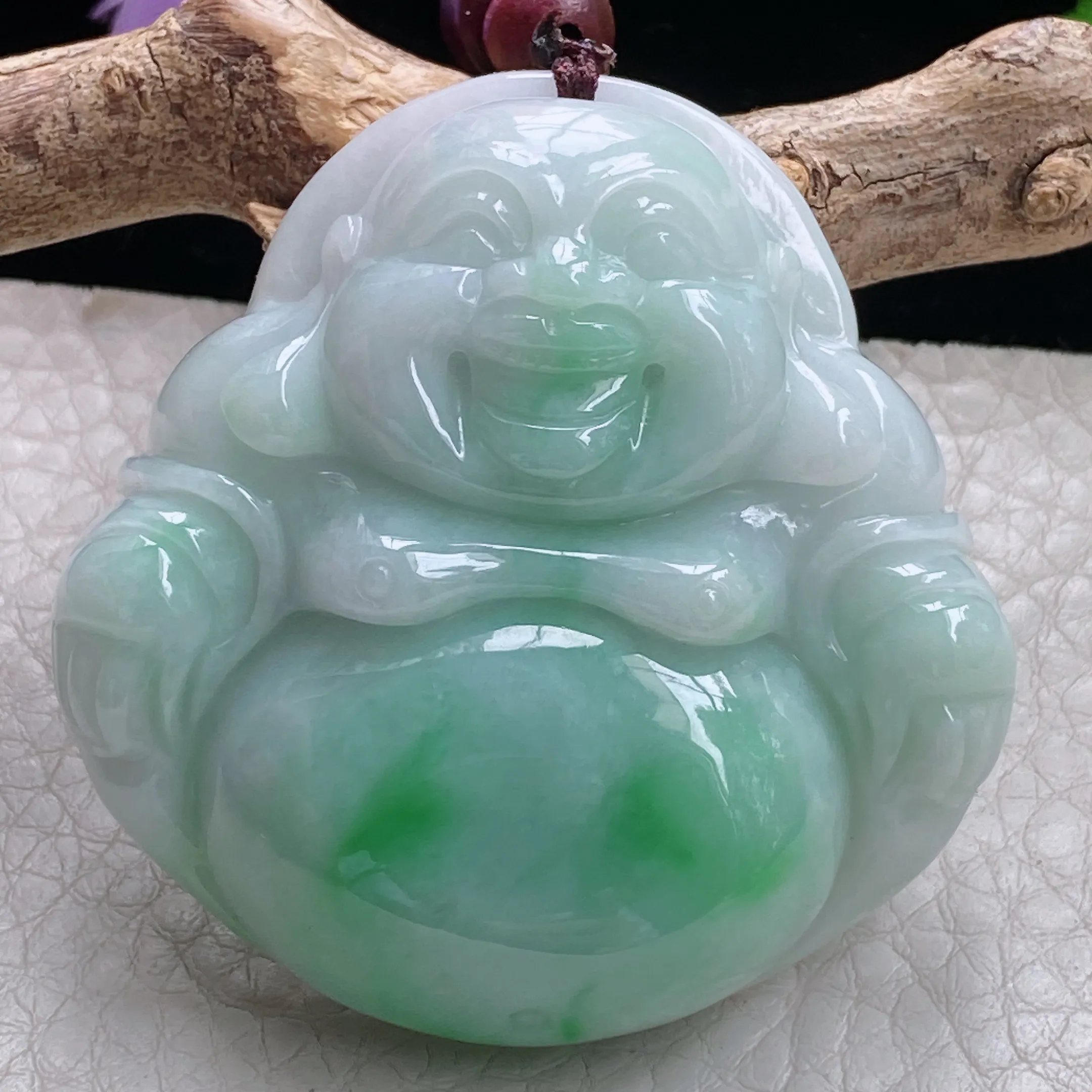 zen自然光49*48*12.5天然缅甸翡翠白底青大佛公项坠飘绿大肚佛毛衣坠