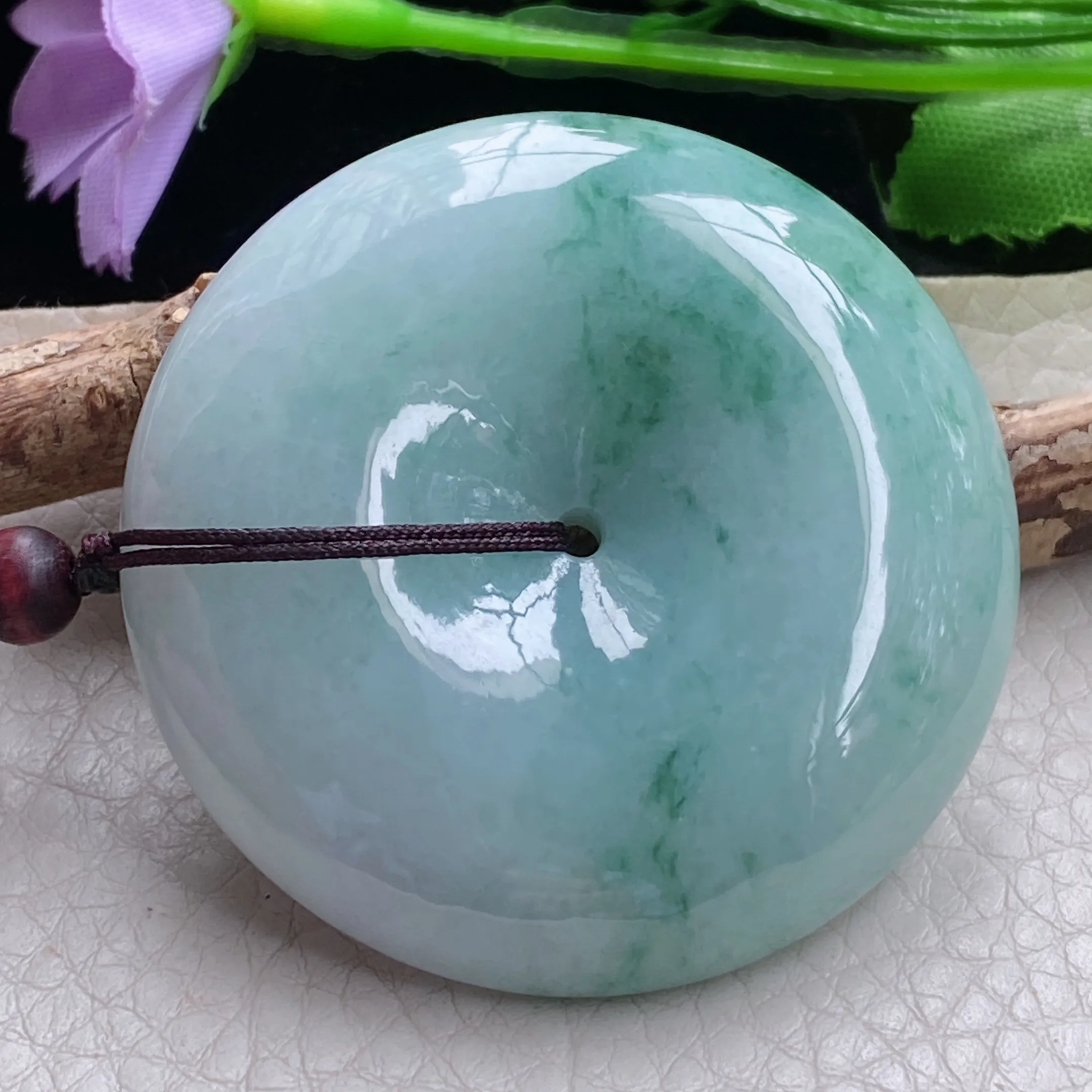 zen自然光49*12.8天然缅甸翡翠飘花大平安扣吊坠 简约国风复古扣