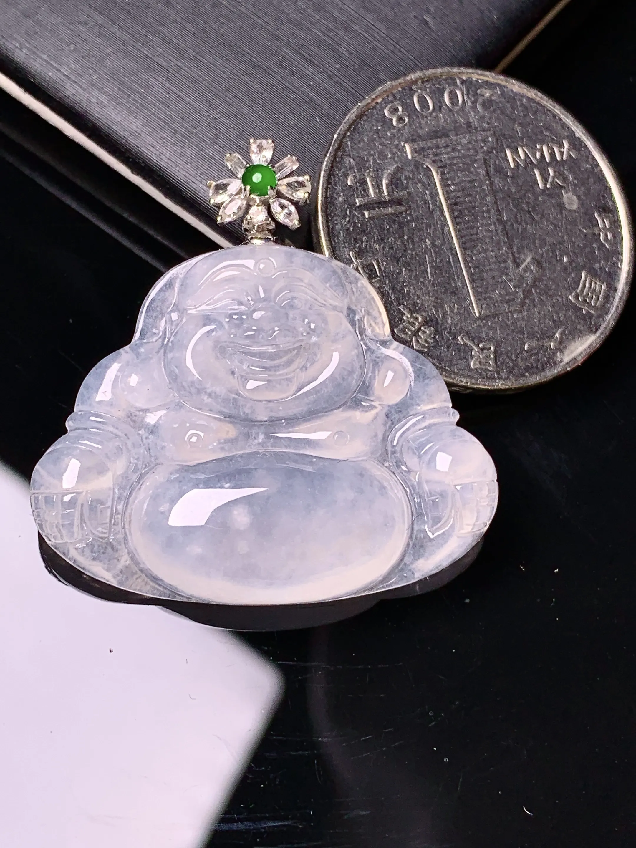 18k金钻镶嵌冰种佛公吊坠 玉质细腻 色泽艳丽清新 整体尺寸32.5*31.8*5.5