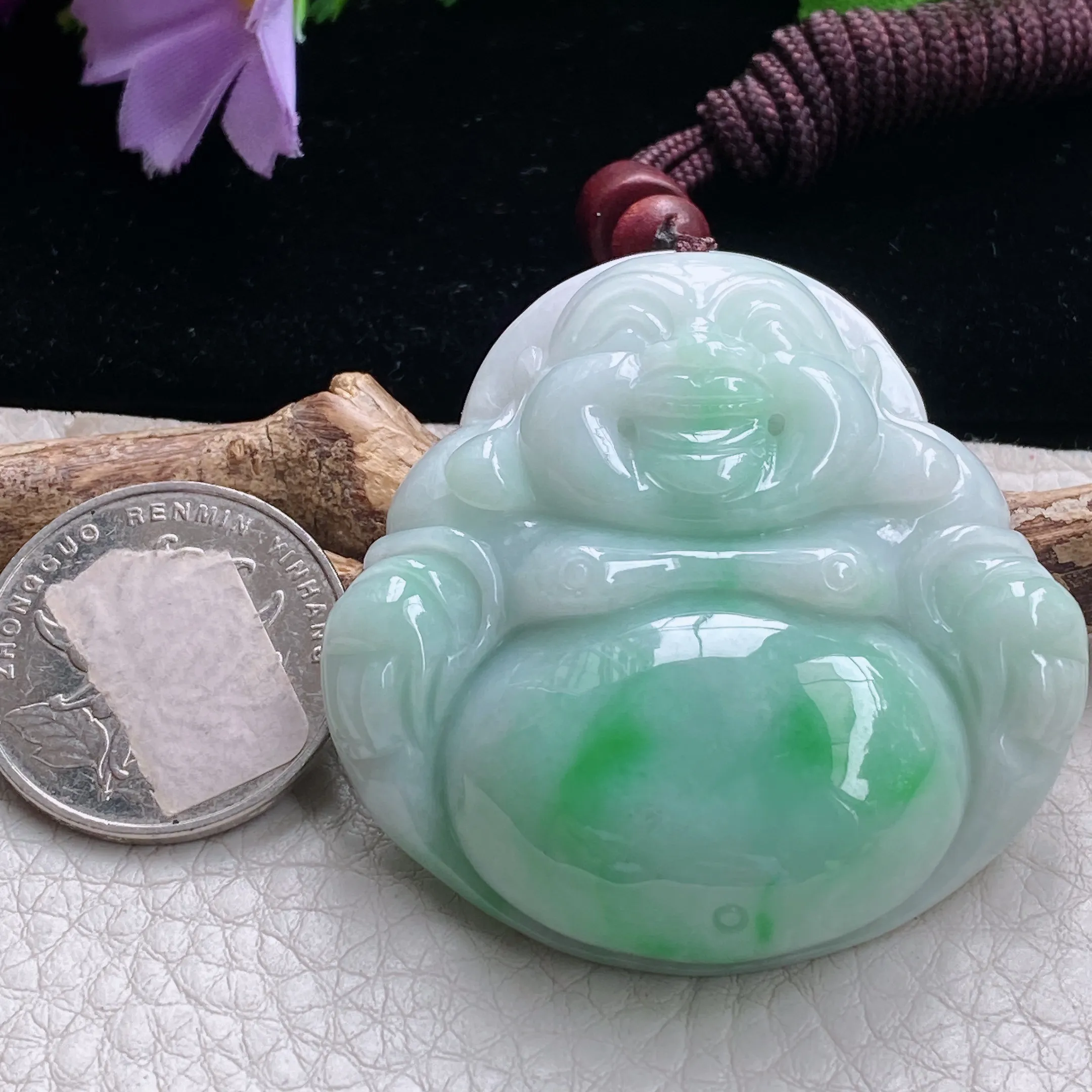 zen自然光49*48*12.5天然缅甸翡翠白底青大佛公项坠飘绿大肚佛毛衣坠