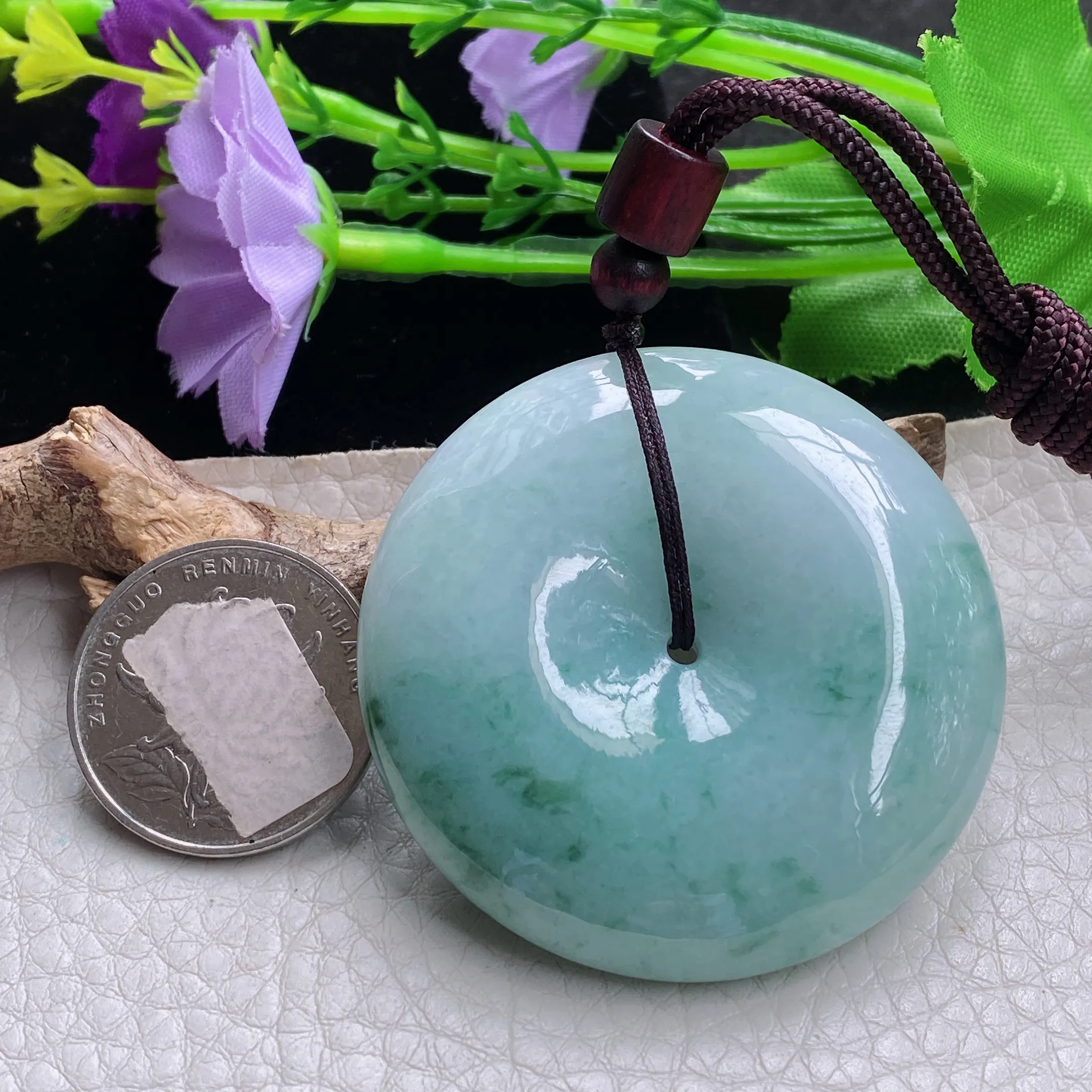 zen自然光49*12.8天然缅甸翡翠飘花大平安扣吊坠 简约国风复古扣