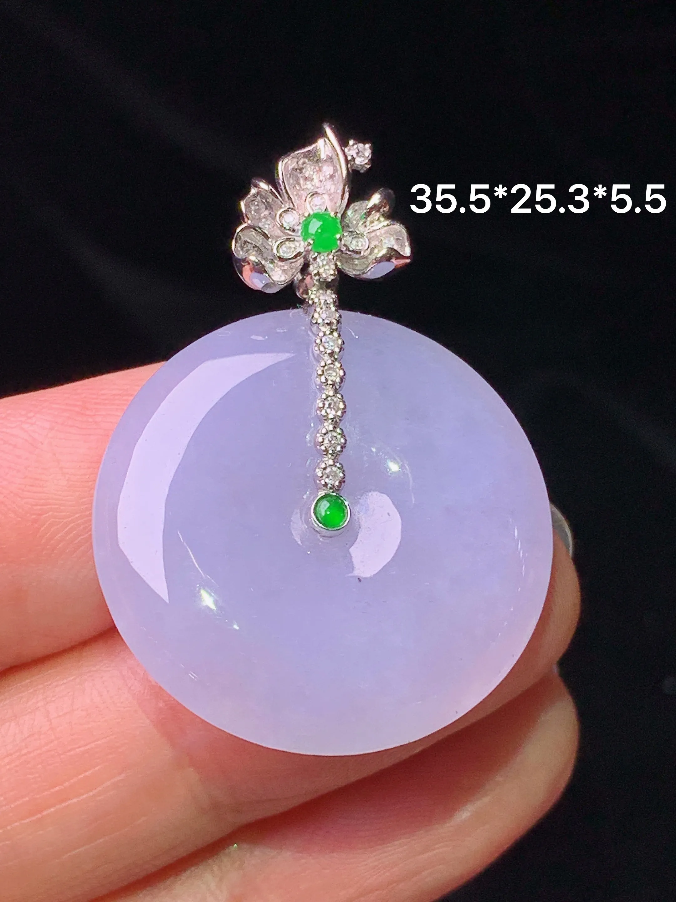 18k金钻镶嵌紫罗兰平安扣吊坠 玉质细腻 色泽艳丽清新 整体尺寸35.5*25.3*5.5