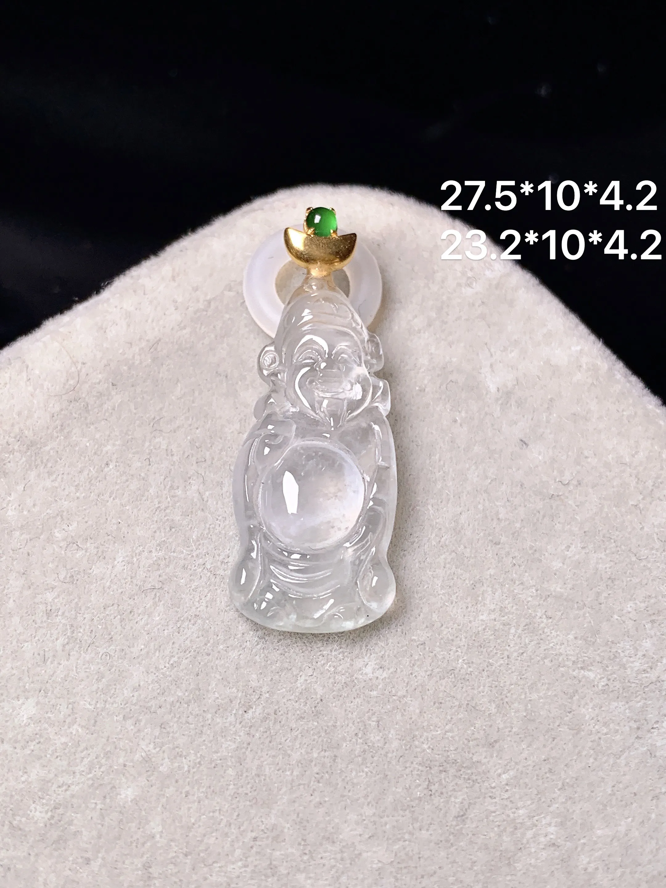 18k金镶嵌冰种财神吊坠 玉质细腻 色泽艳丽清新 整体尺寸27.5*10*4.2