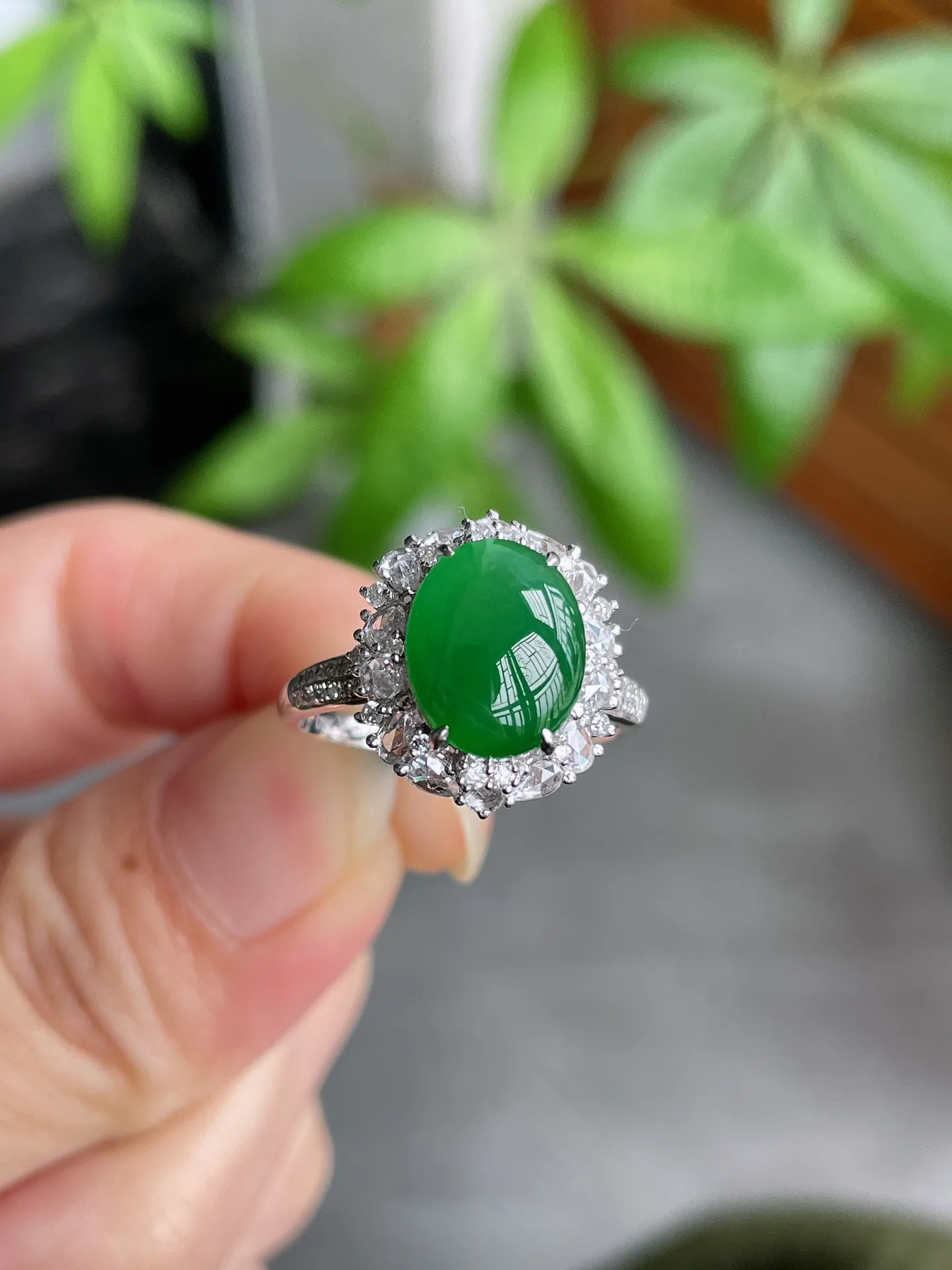 18k金钻豪镶冰绿蛋戒指
裸石10.2-8.3-3mm
S51