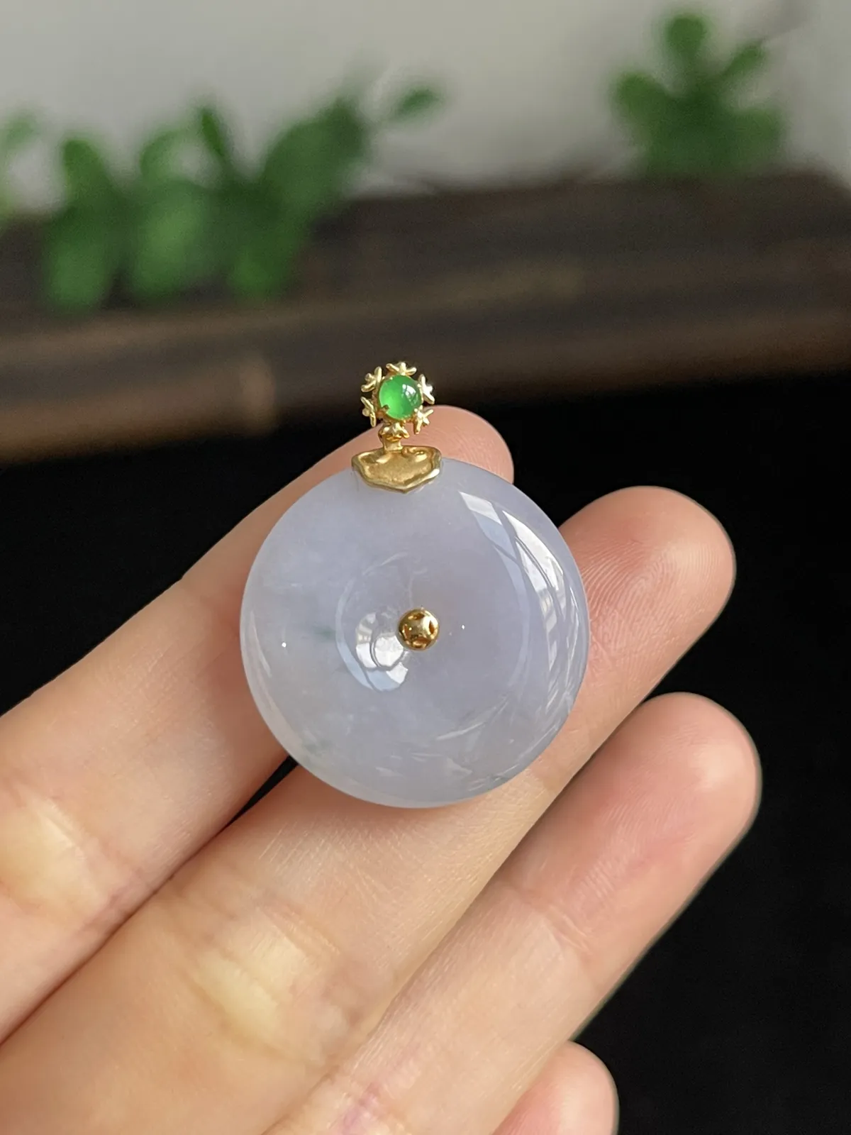 翡翠冰糯种淡紫色平安扣，印记：G18K