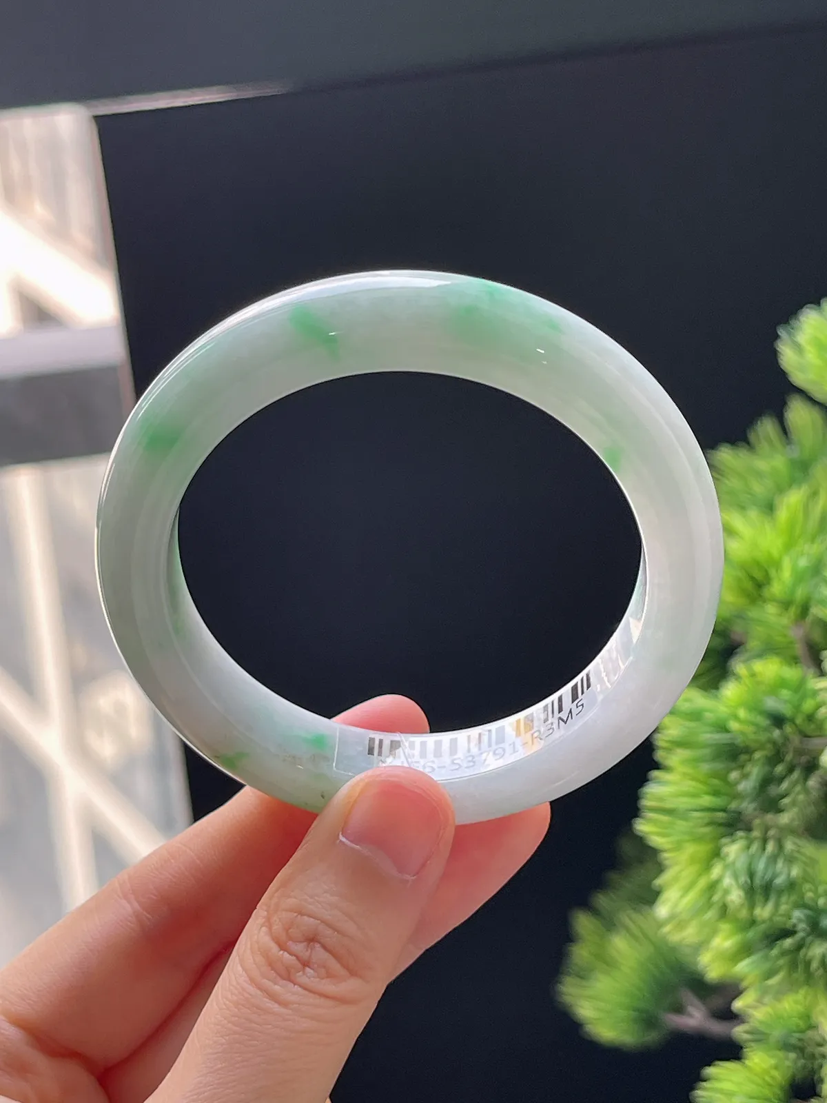 正圈54.3圈口，翡翠糯化种飘绿手镯