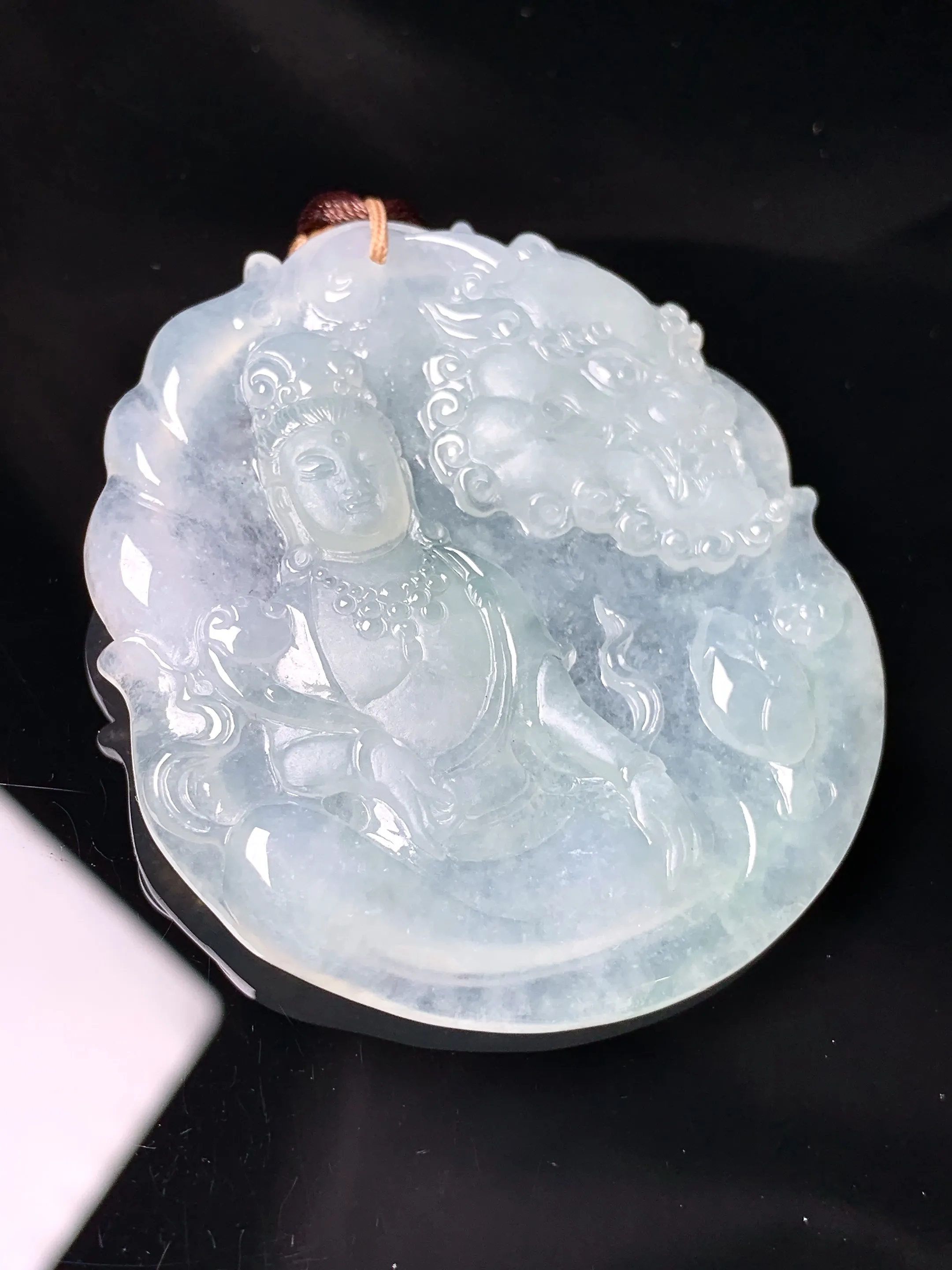 冰种文殊观音菩萨吊坠 玉质细腻 色泽艳丽清新 整体尺寸51.5*45.3*5.2