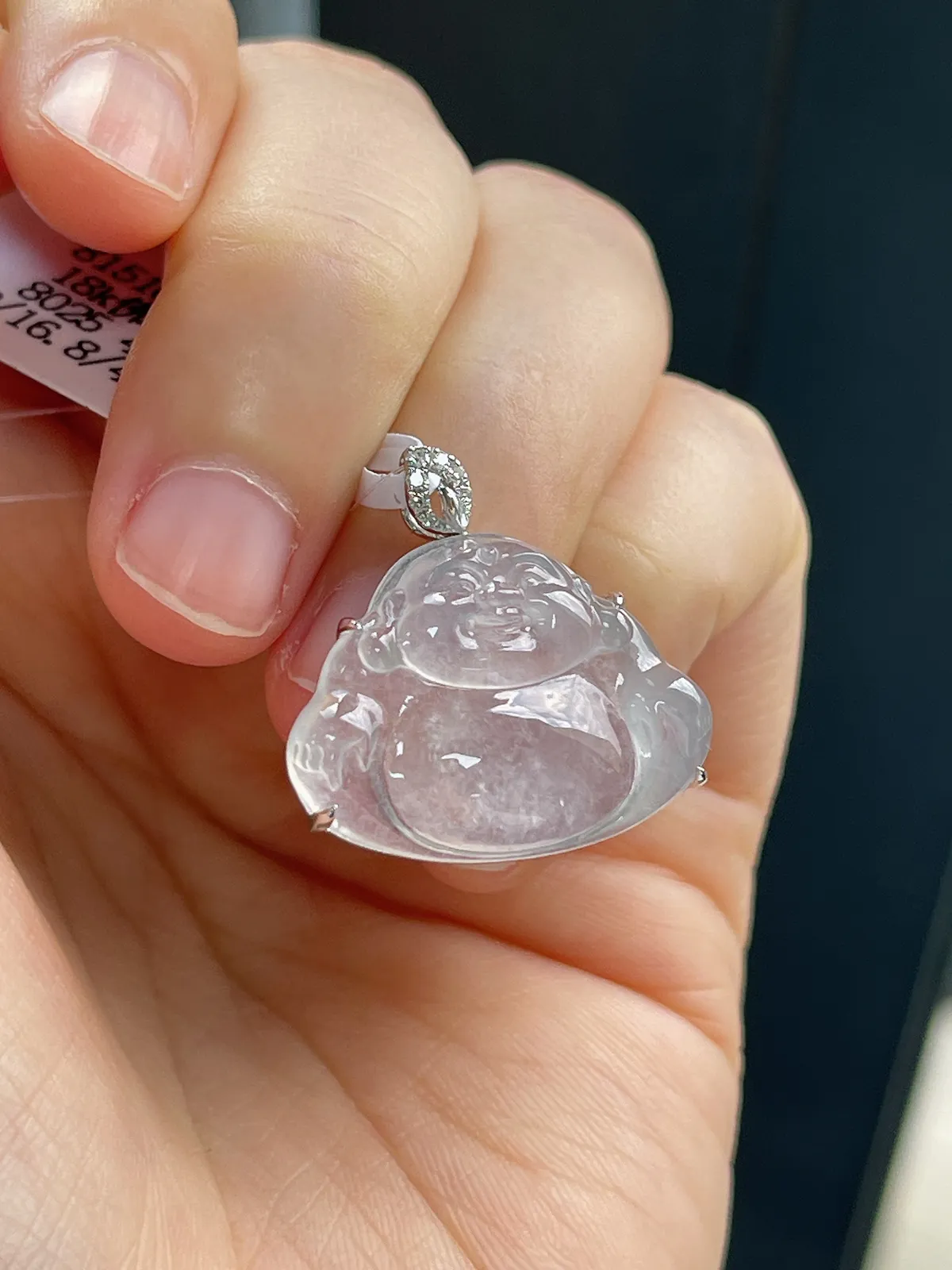 18k金伴钻翡翠白冰佛公挂件