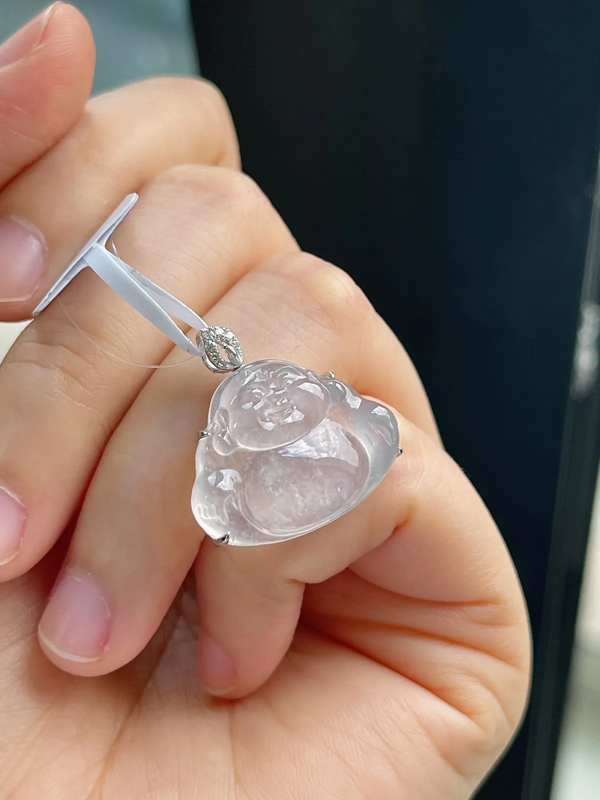 18k金伴钻翡翠白冰佛公挂件