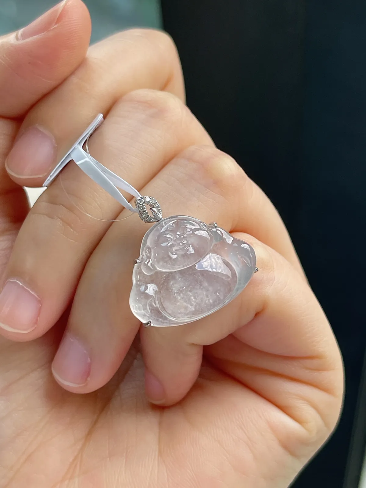 18k金伴钻翡翠白冰佛公挂件