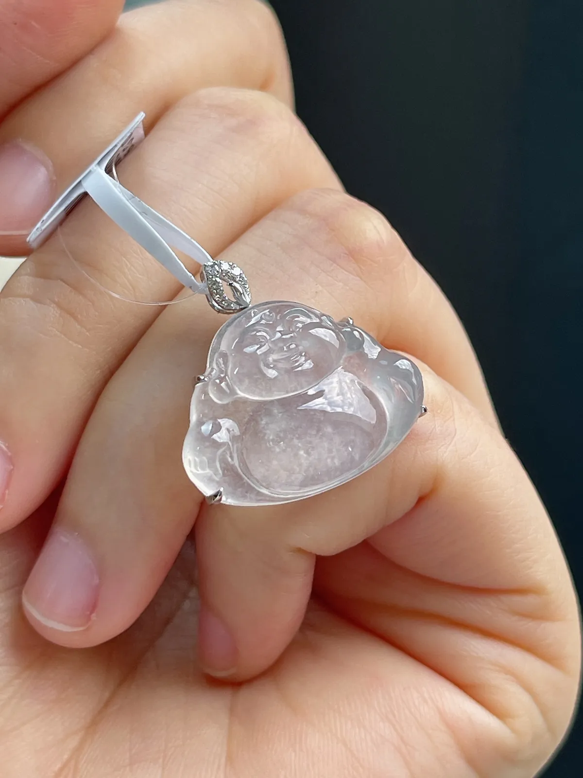 18k金伴钻翡翠白冰佛公挂件