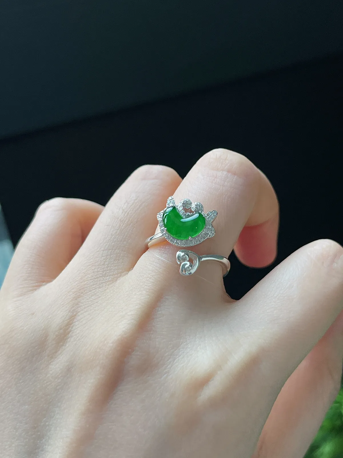 如意龙系列天然满绿翡翠戒指 S925银