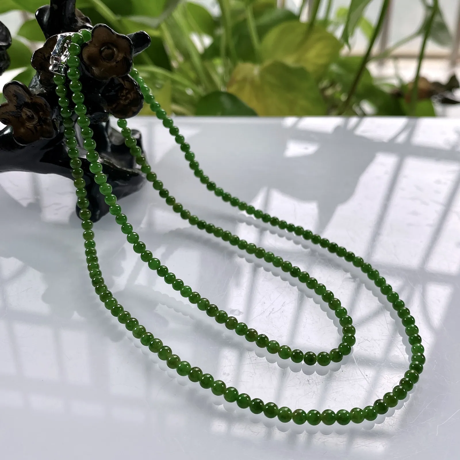缅甸天然翡翠A货，冰种特色满绿黄加绿小米珠小圆珠项链手链，尺寸：3.3mm/187颗，长度600mm，重量：12.45g