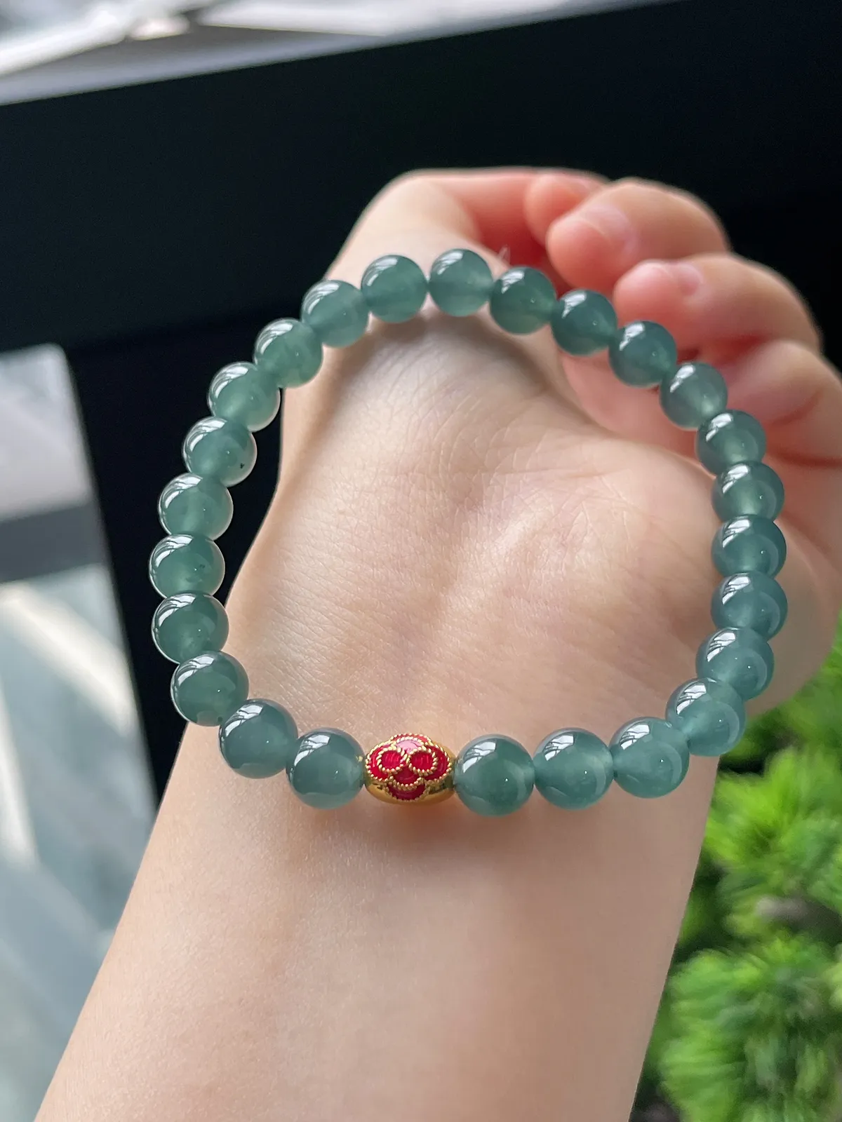 【星河系列】足金元宝珠配冰蓝翡翠珠串7.5mm