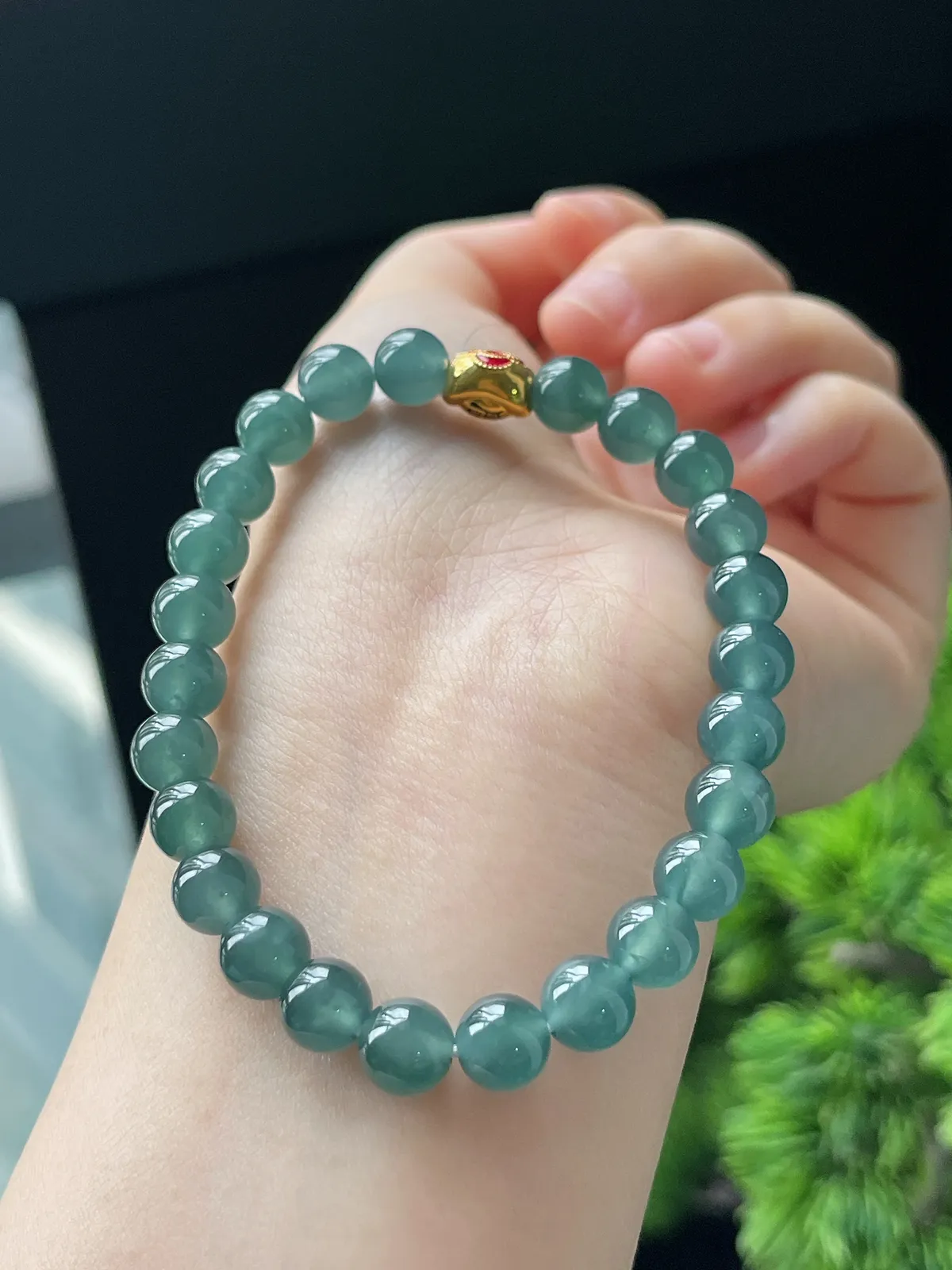 【星河系列】足金元宝珠配冰蓝翡翠珠串7.5mm