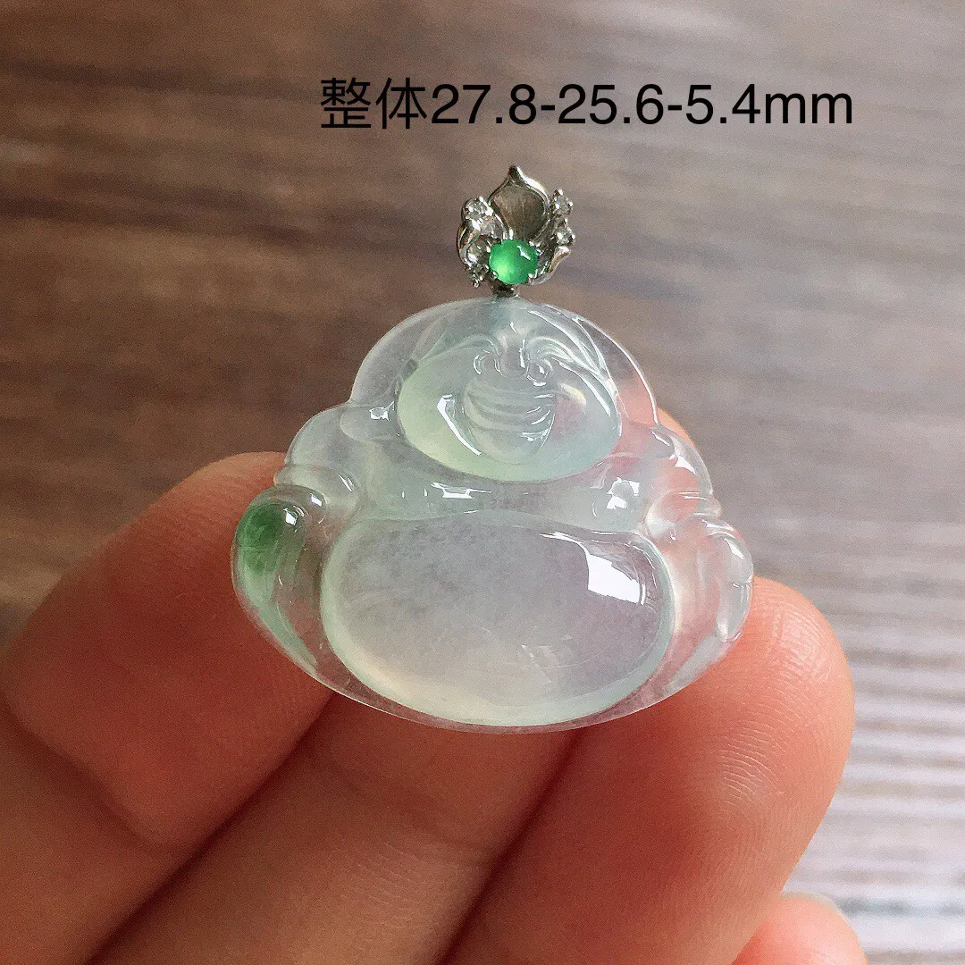 冰飘花笑佛吊坠，18k金镶嵌，冰润细腻，品相好，种水足，整体尺寸27.8*25.6*5.4