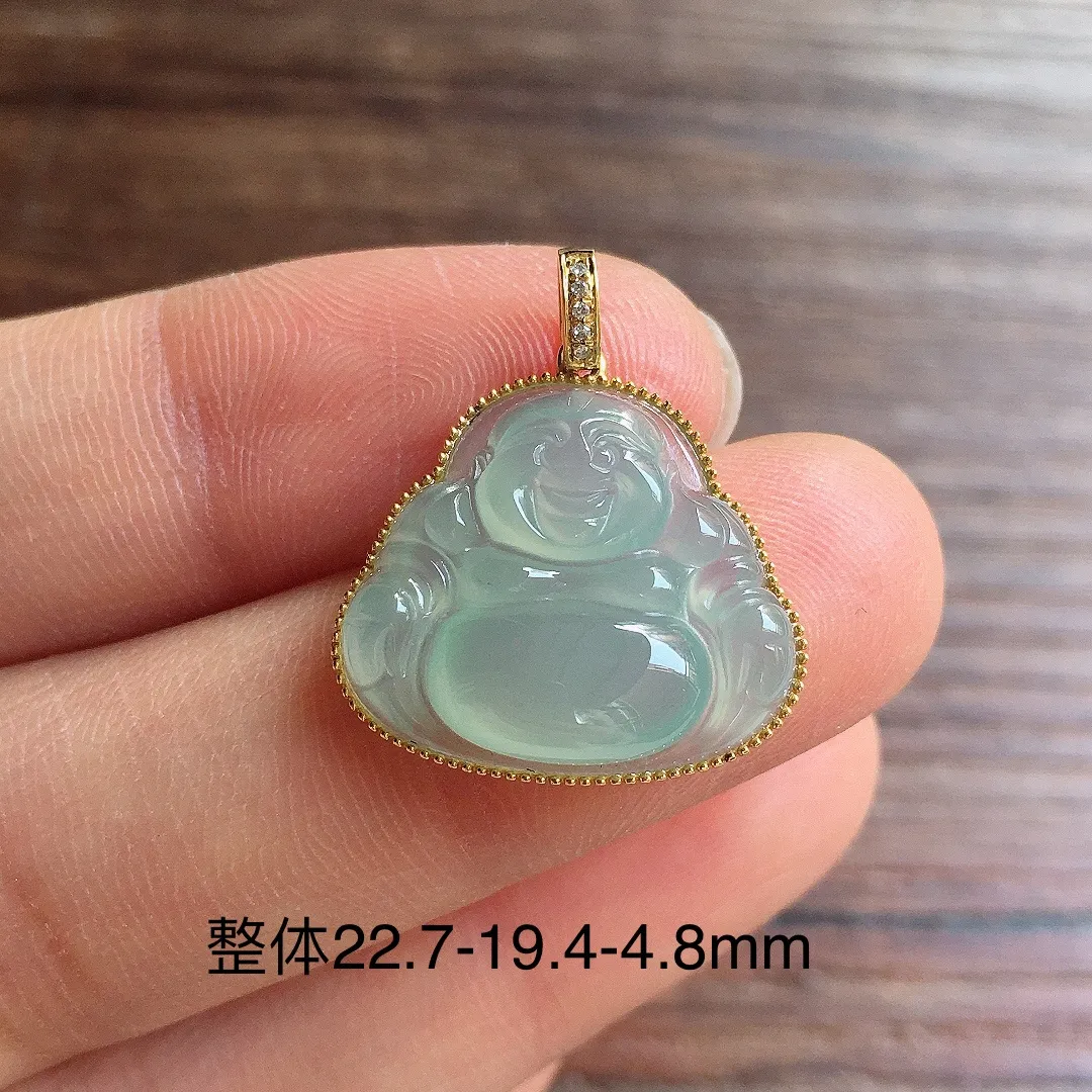 冰晴底笑佛吊坠，18k金镶嵌，冰润细腻，品相好，种水足，整体尺寸22.7*19.4*4.8