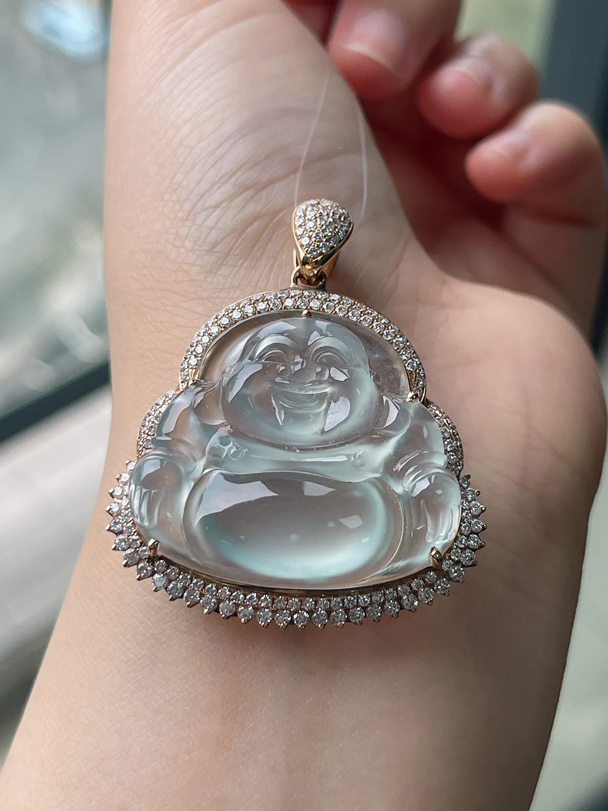 翡翠冰种白色佛公吊坠，印记：G18K,伴钻石