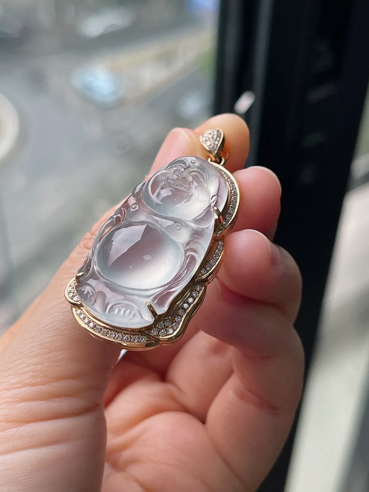 翡翠冰种白色吊坠，印记：G18K,伴钻石