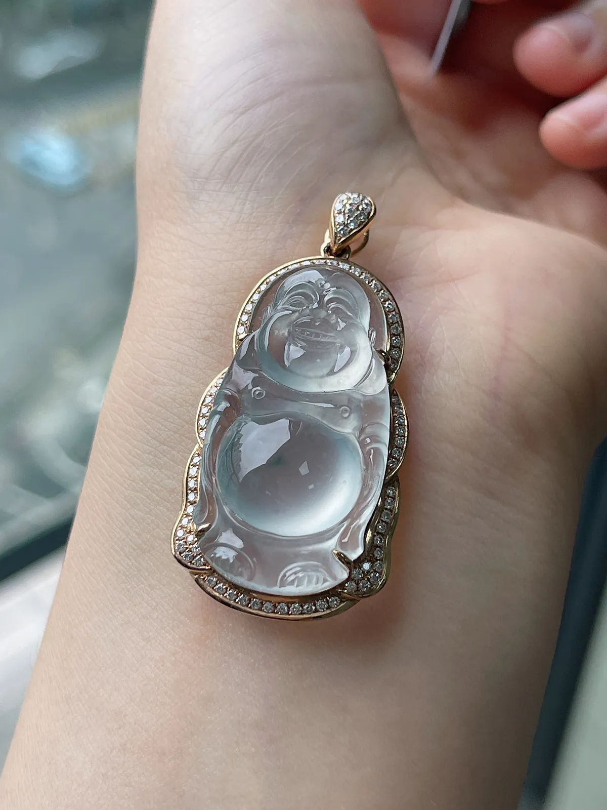 翡翠冰种白色吊坠，印记：G18K,伴钻石