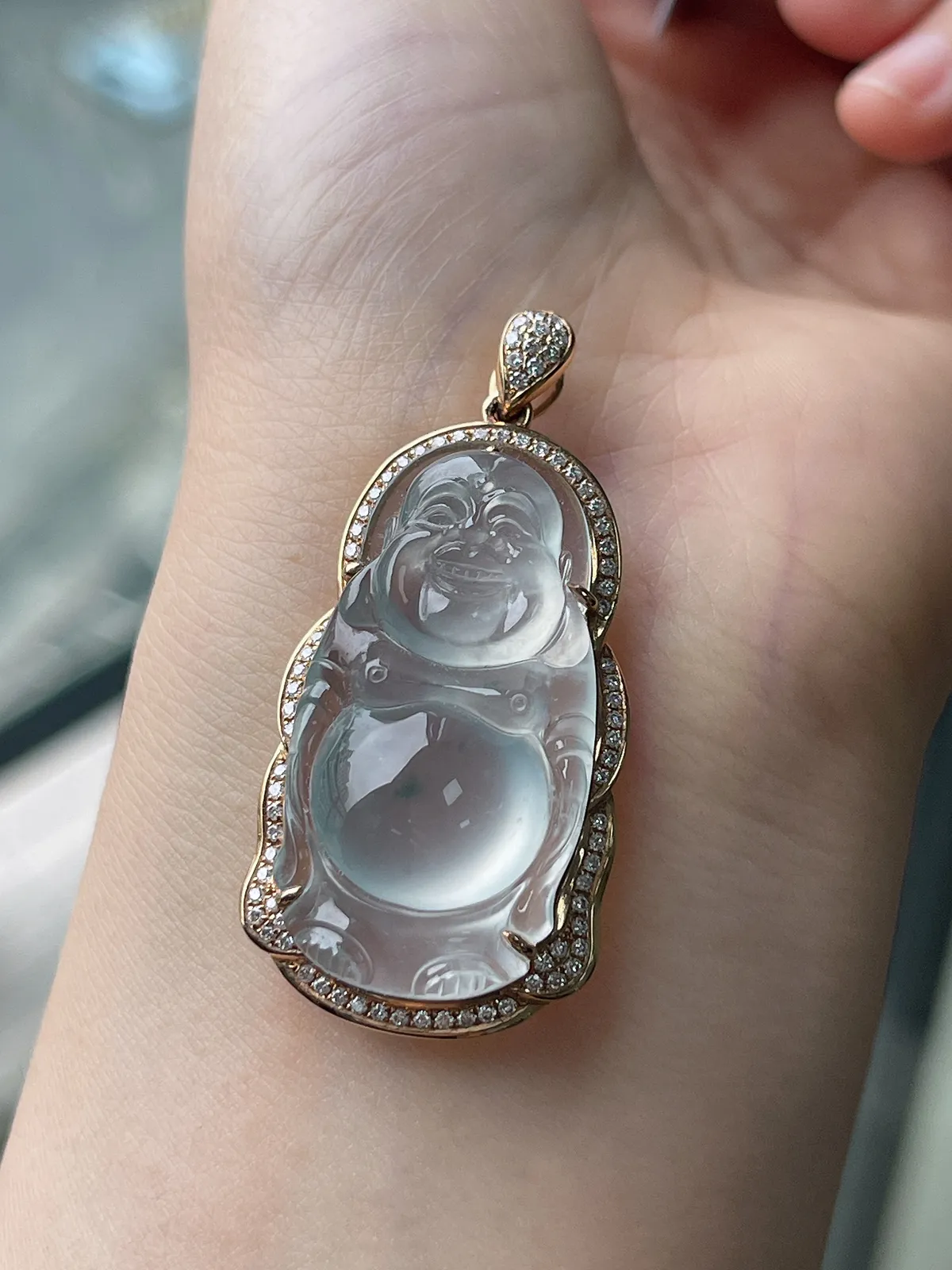 翡翠冰种白色吊坠，印记：G18K,伴钻石