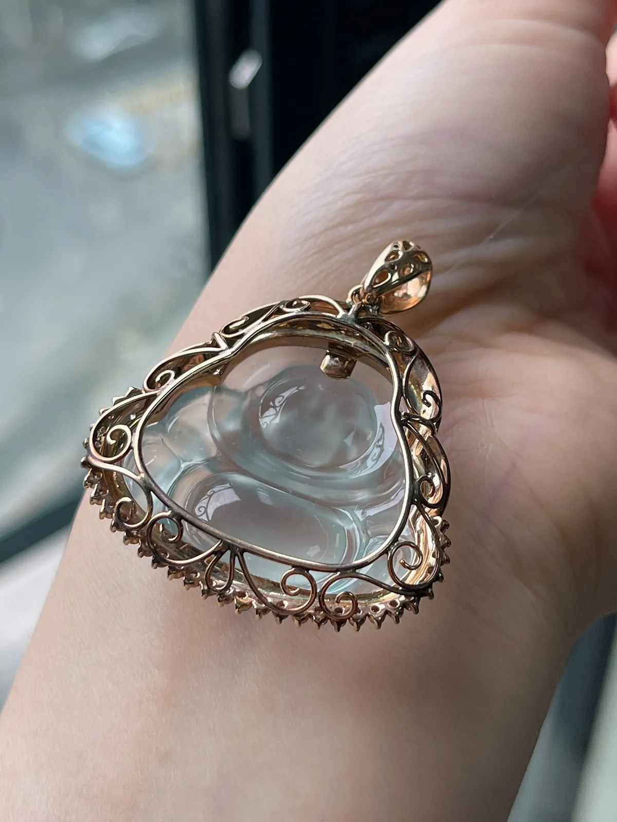 翡翠冰种白色佛公吊坠，印记：G18K,伴钻石