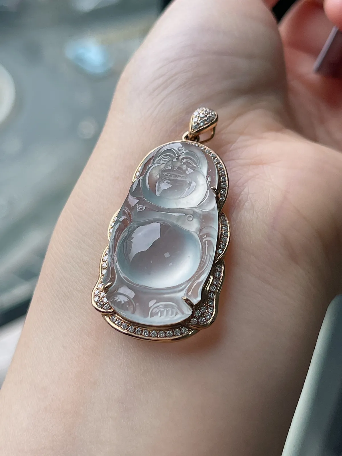 翡翠冰种白色吊坠，印记：G18K,伴钻石