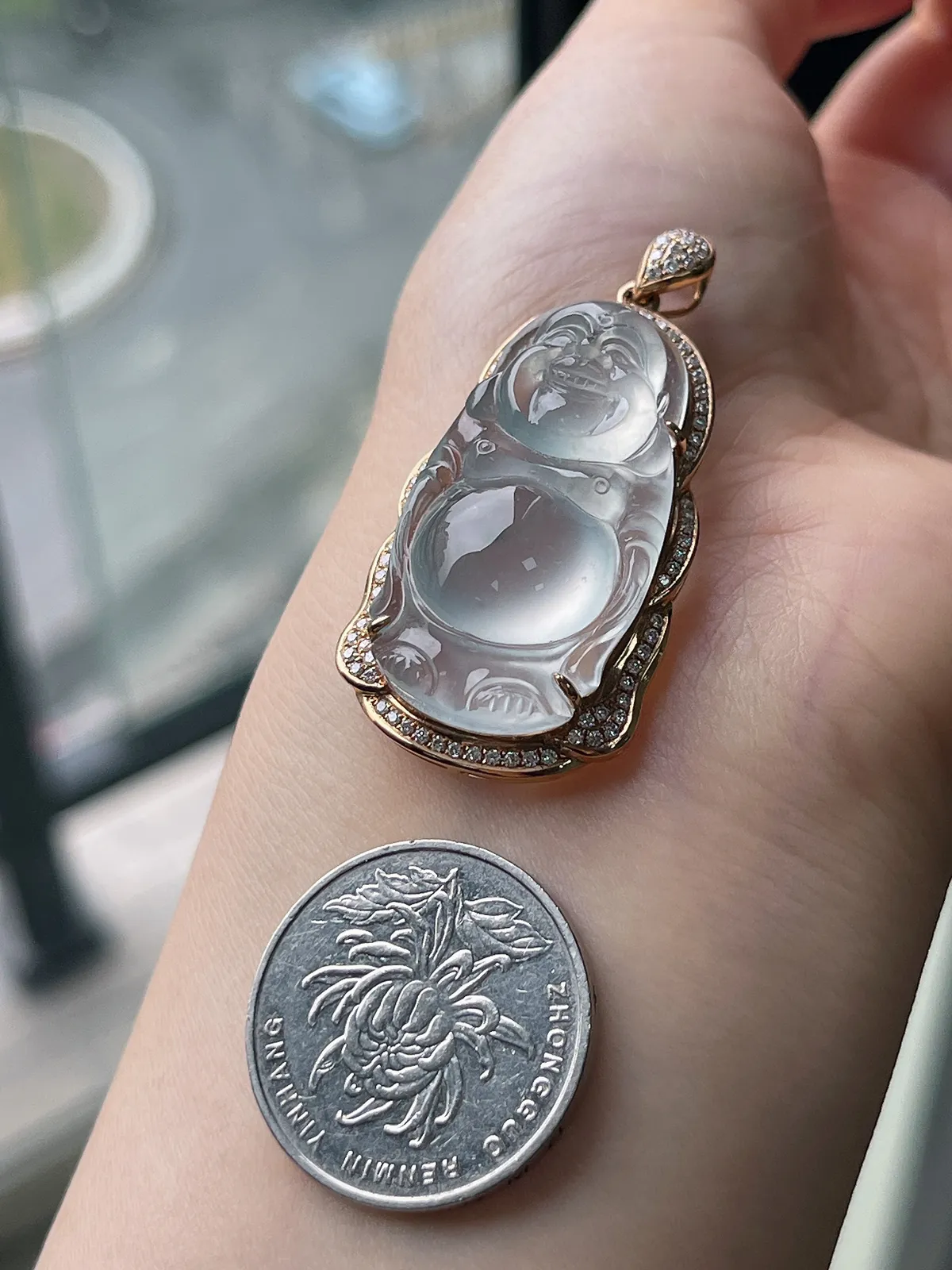 翡翠冰种白色吊坠，印记：G18K,伴钻石