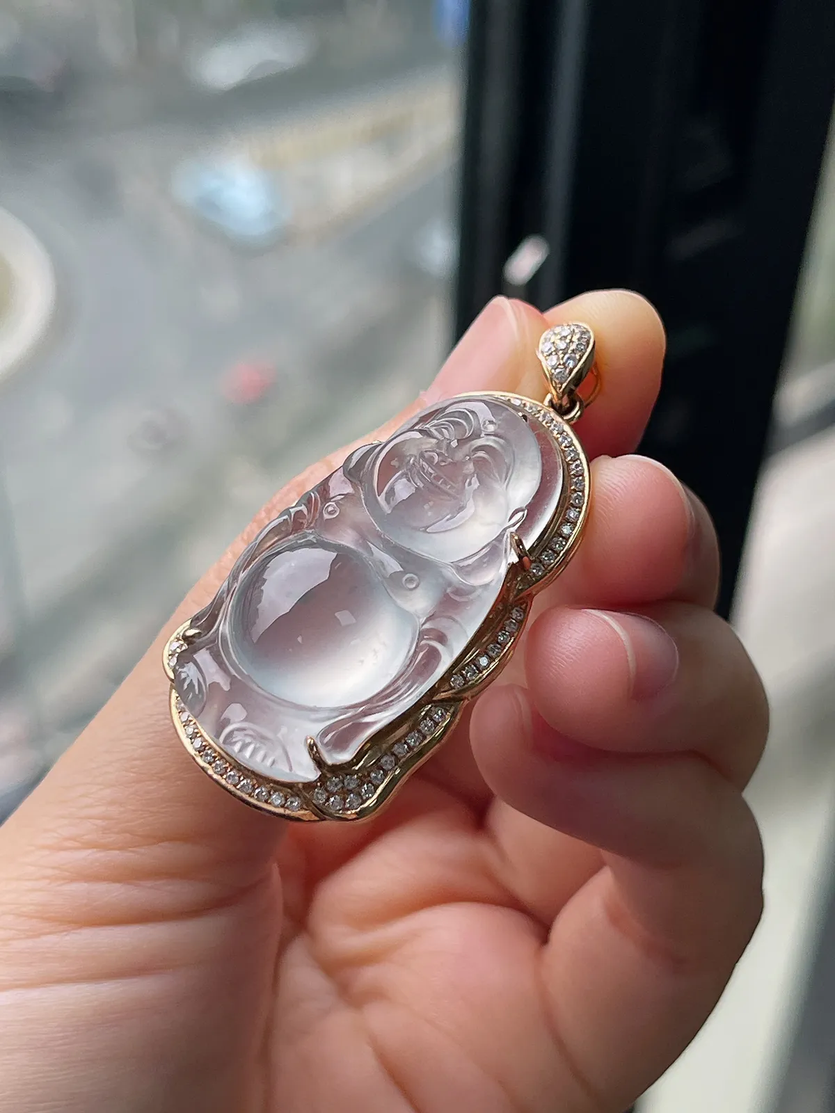 翡翠冰种白色吊坠，印记：G18K,伴钻石