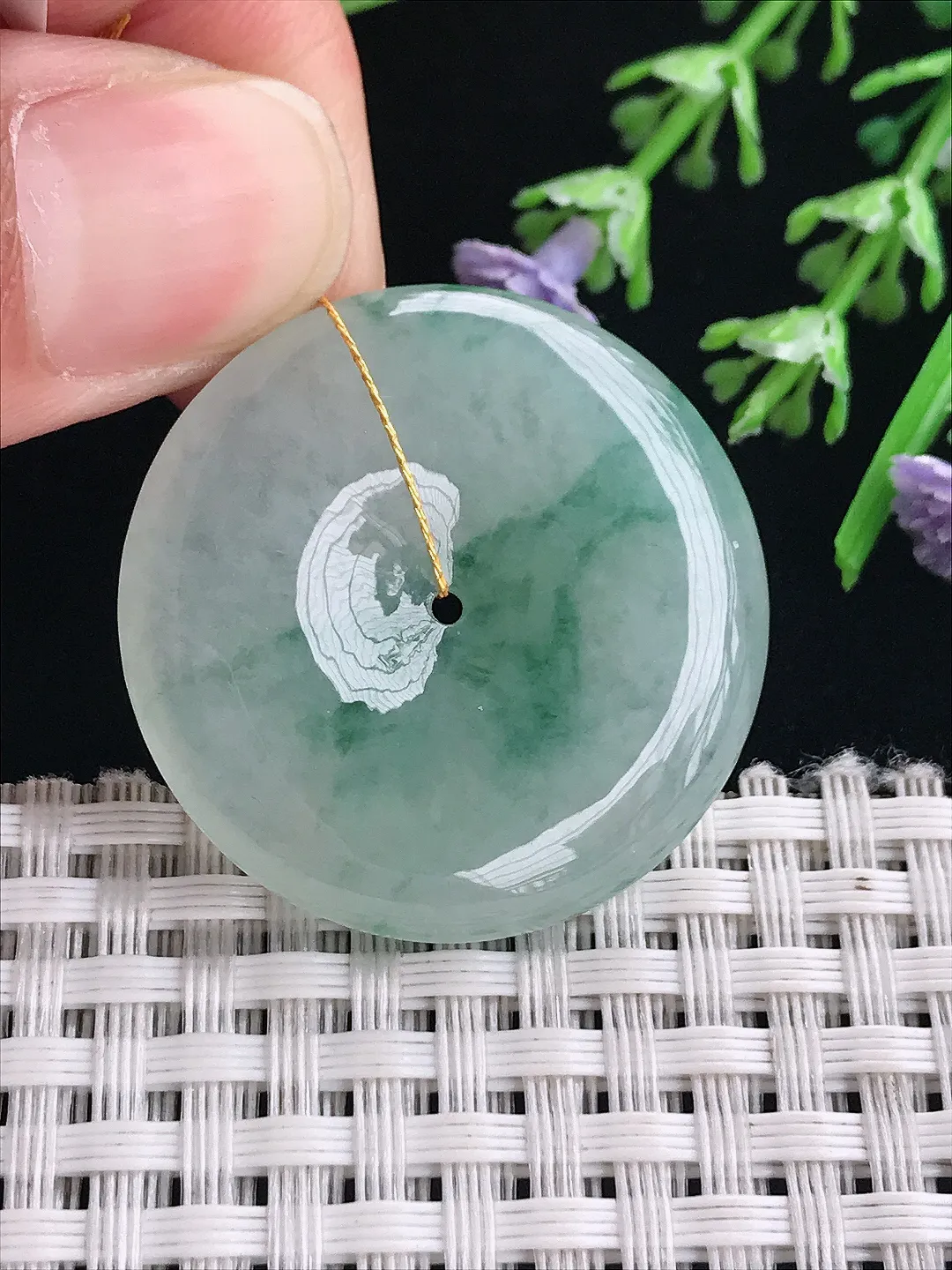 实拍A货翡翠33/5.6老坑冰润起胶飘花平安扣吊坠翡翠挂件