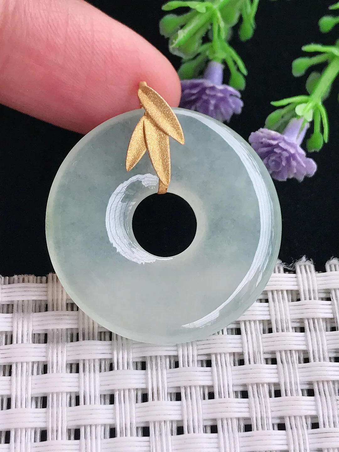 实拍A货翡翠30.3/4.1老坑18k金镶嵌冰种玉环吊坠翡翠平安扣挂件