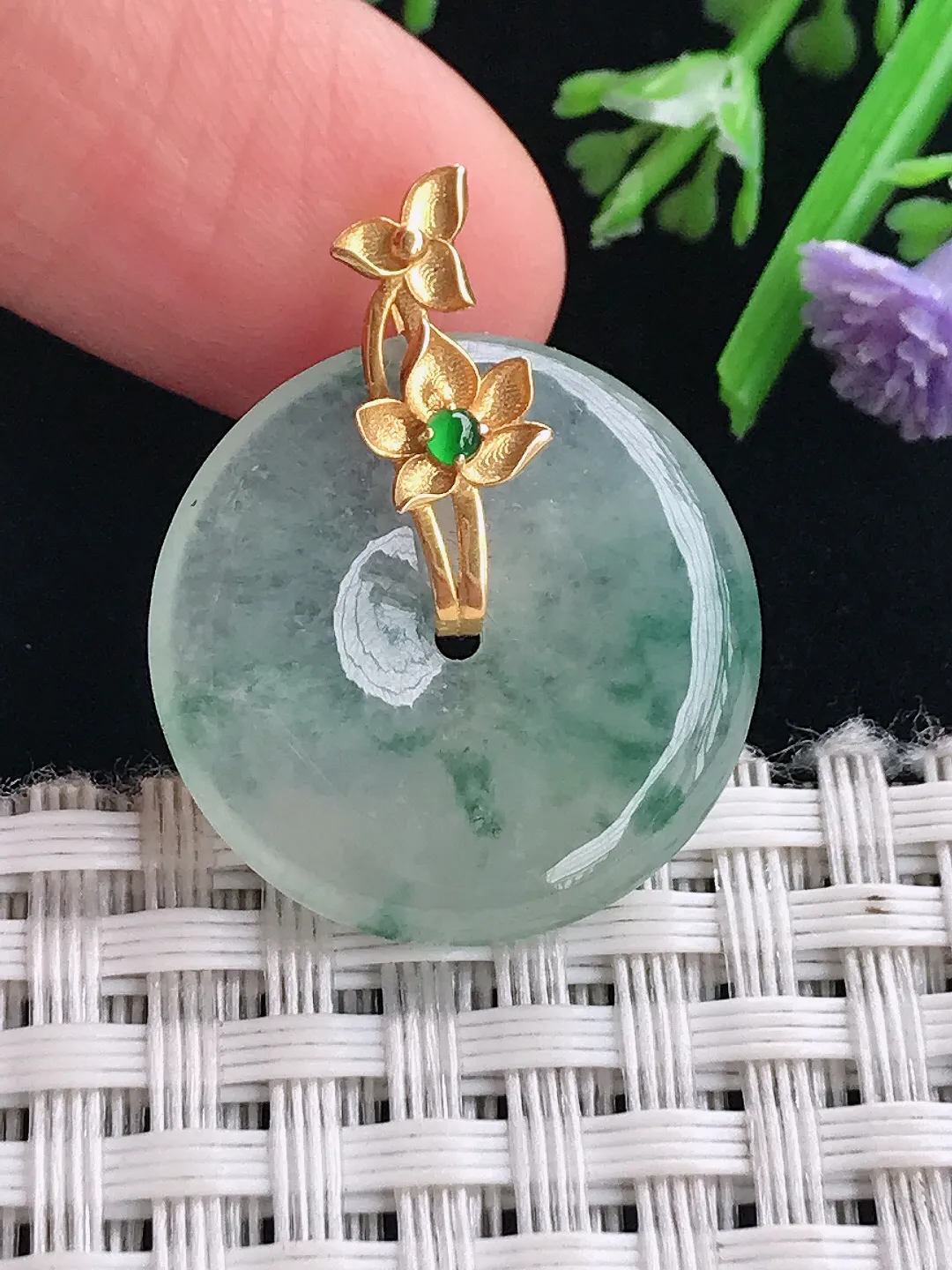 实拍A货翡翠22/4.1老坑18k金镶嵌冰飘花小平安扣吊坠翡翠挂件