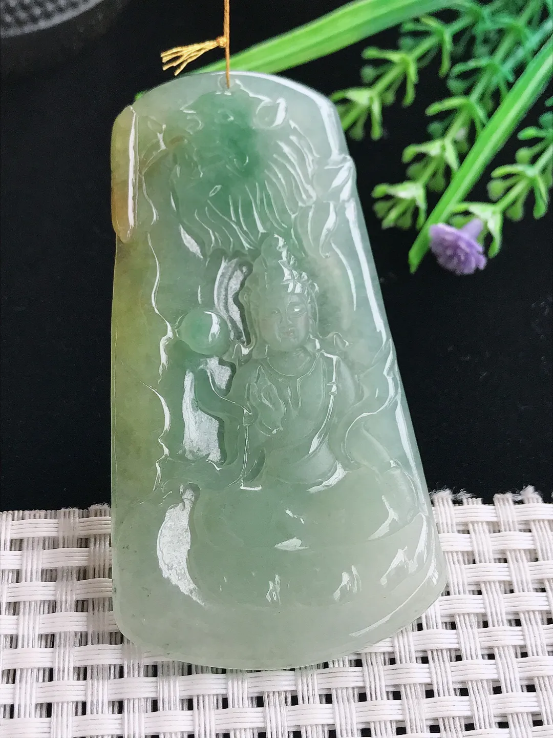 实拍A货翡翠75/41/5.2老坑冰胶水灵冰晴文殊菩萨吊坠翡翠挂件