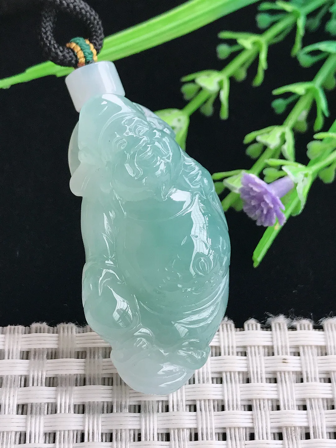 实拍A货翡翠43/22.5/12.8老坑冰胶果冻天空蓝财神爷吊坠翡翠挂件