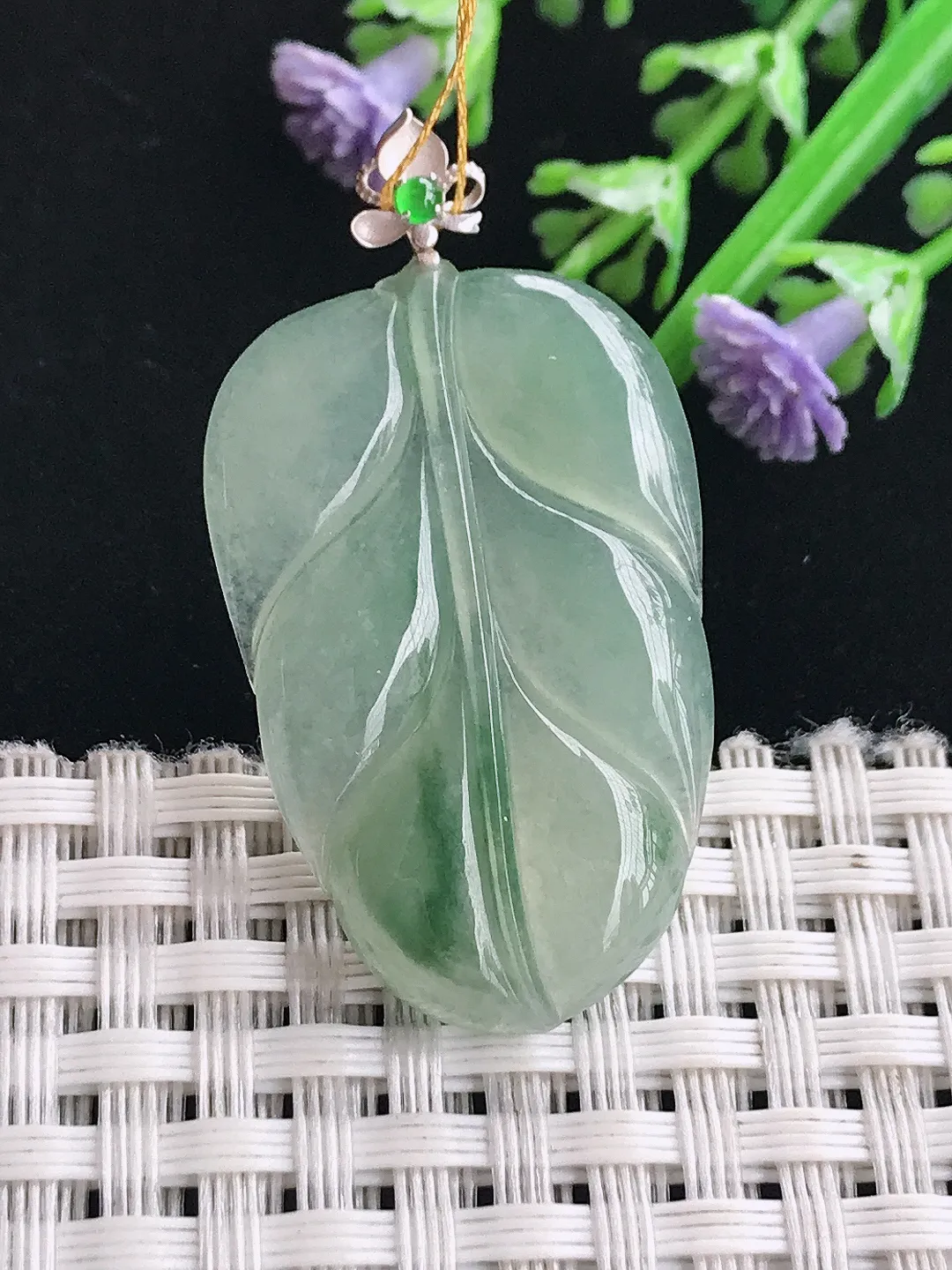 实拍A货翡翠34/21.9/4.2老坑18k金镶嵌冰晴叶子吊坠翡翠金枝玉叶挂件