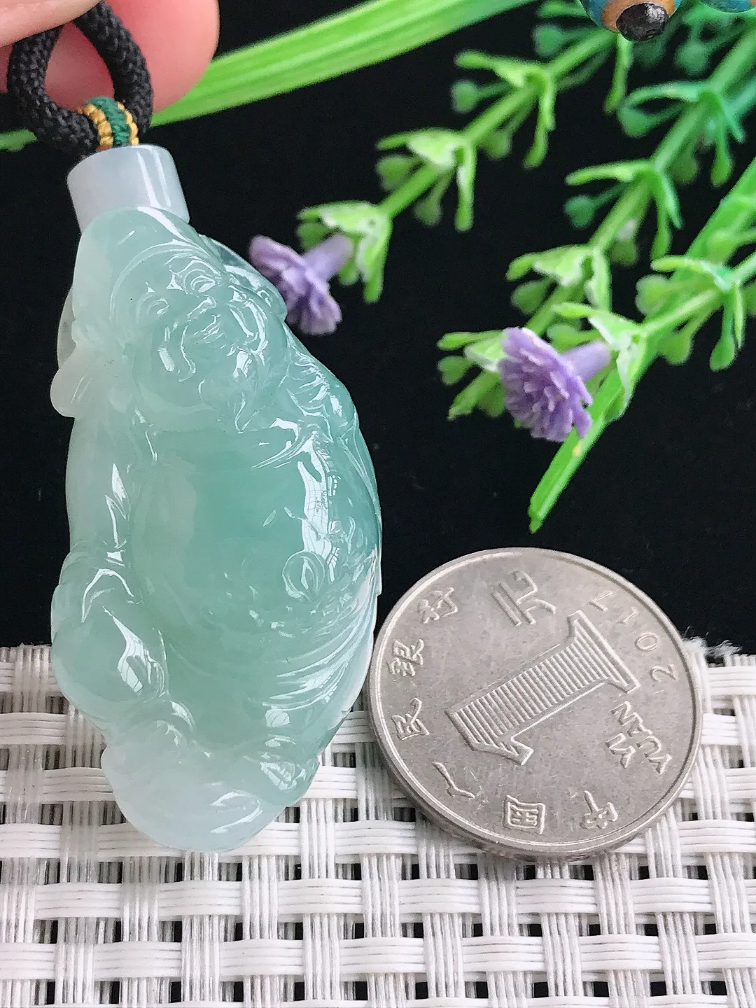 实拍A货翡翠43/22.5/12.8老坑冰胶果冻天空蓝财神爷吊坠翡翠挂件