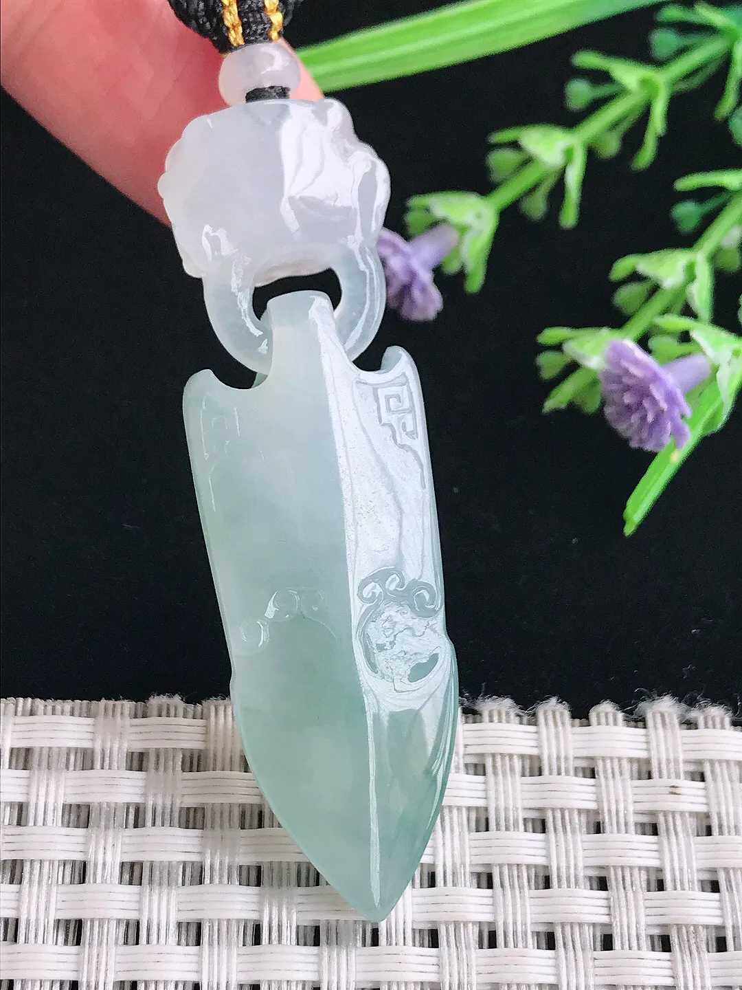 实拍A货翡翠57.5/17/8老坑冰胶水灵冰飘花仿古宝剑吊坠翡翠挂件