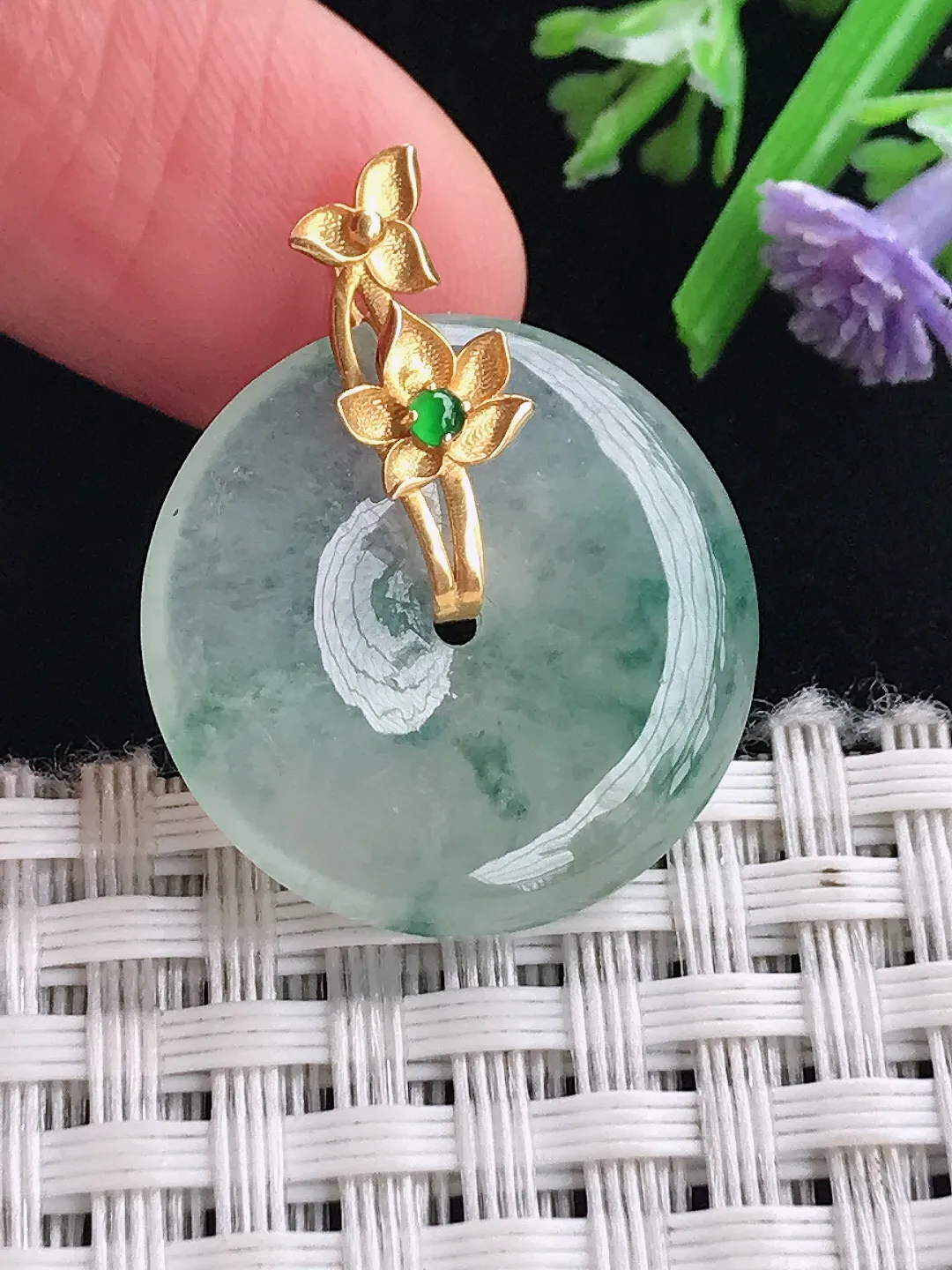 实拍A货翡翠22/4.1老坑18k金镶嵌冰飘花小平安扣吊坠翡翠挂件