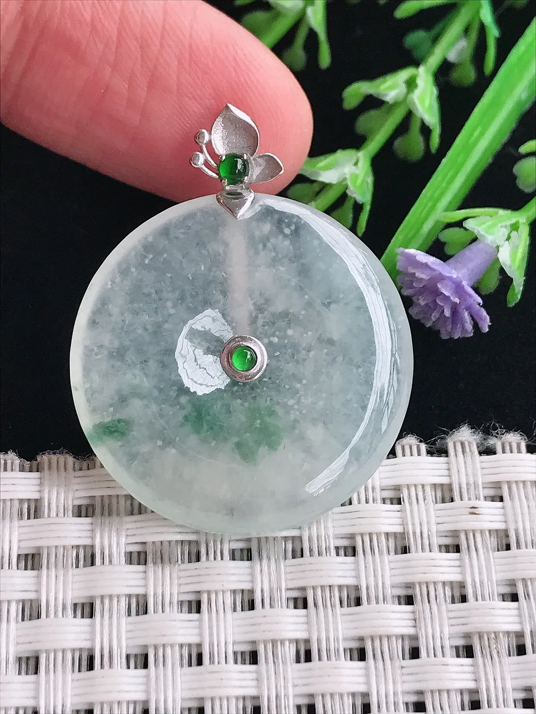 实拍A货翡翠27.3/4.6老坑18k金镶嵌冰种飘花平安扣吊坠翡翠玉扣挂件