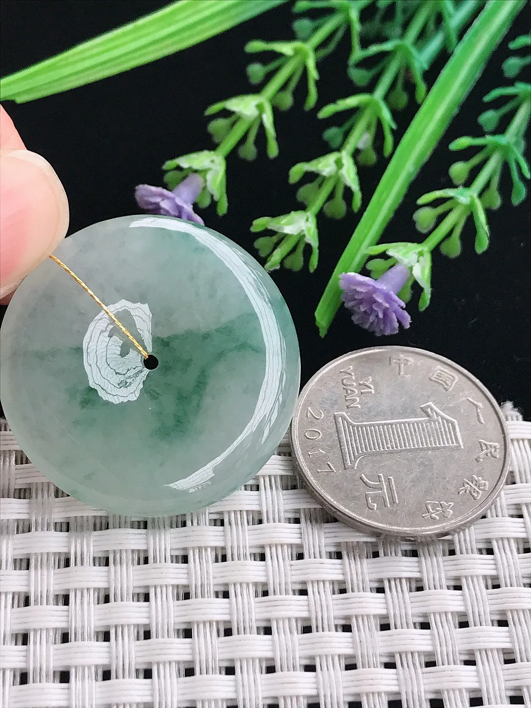 实拍A货翡翠33/5.6老坑冰润起胶飘花平安扣吊坠翡翠挂件