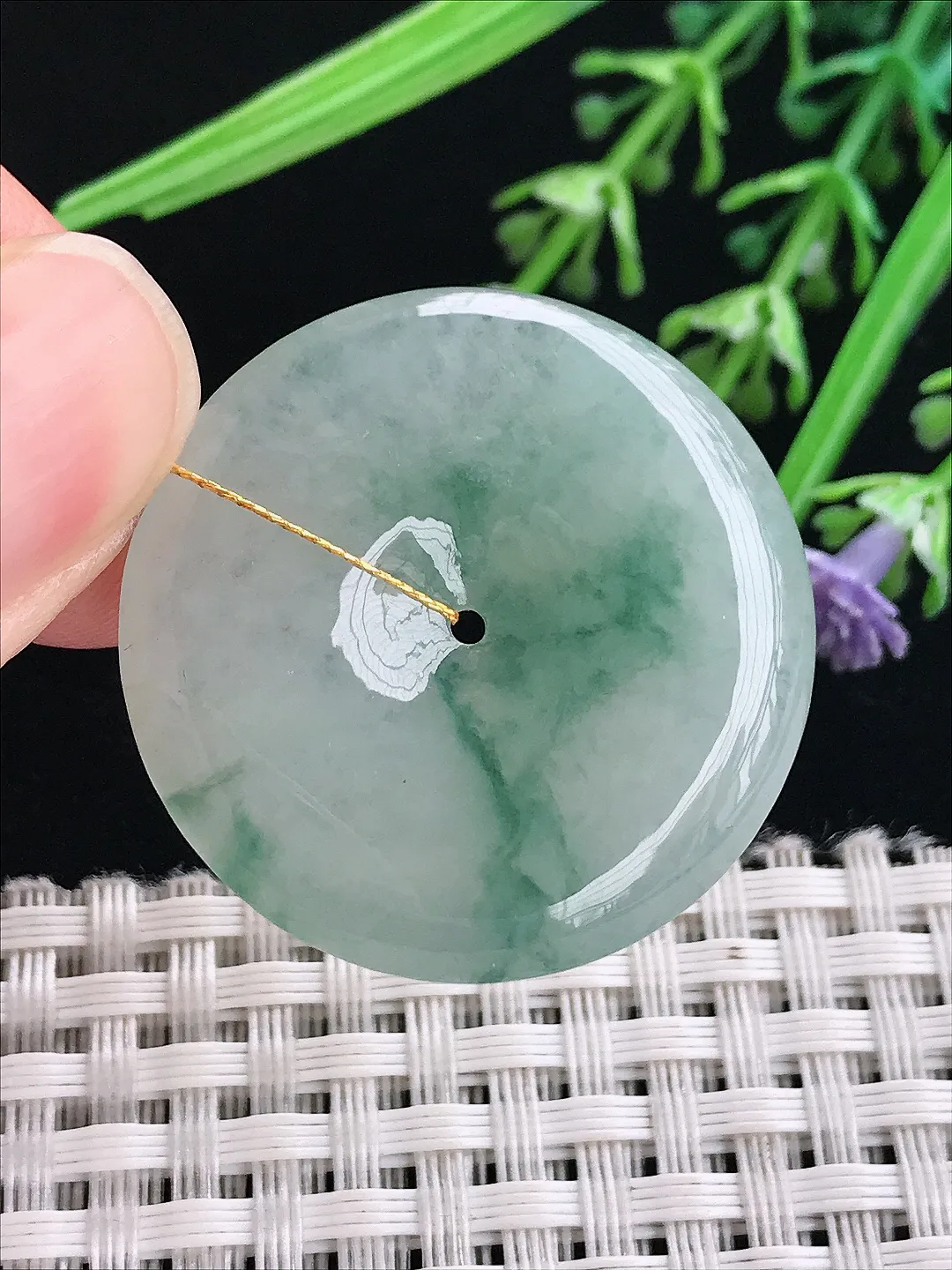 实拍A货翡翠33/5.6老坑冰润起胶飘花平安扣吊坠翡翠挂件