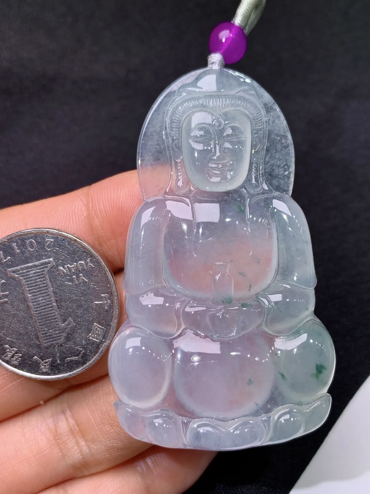 冰飘花观音吊坠，顶珠为配饰品，冰冰润润，玉质细腻，种水足，Ls整体尺寸60*35.8*5.8