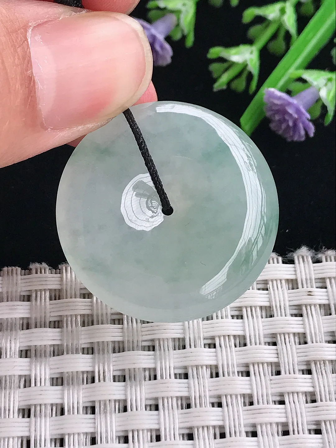 实拍A货翡翠29.3/6.5老坑冰胶果冻飘花平安扣吊坠翡翠玉扣子挂件