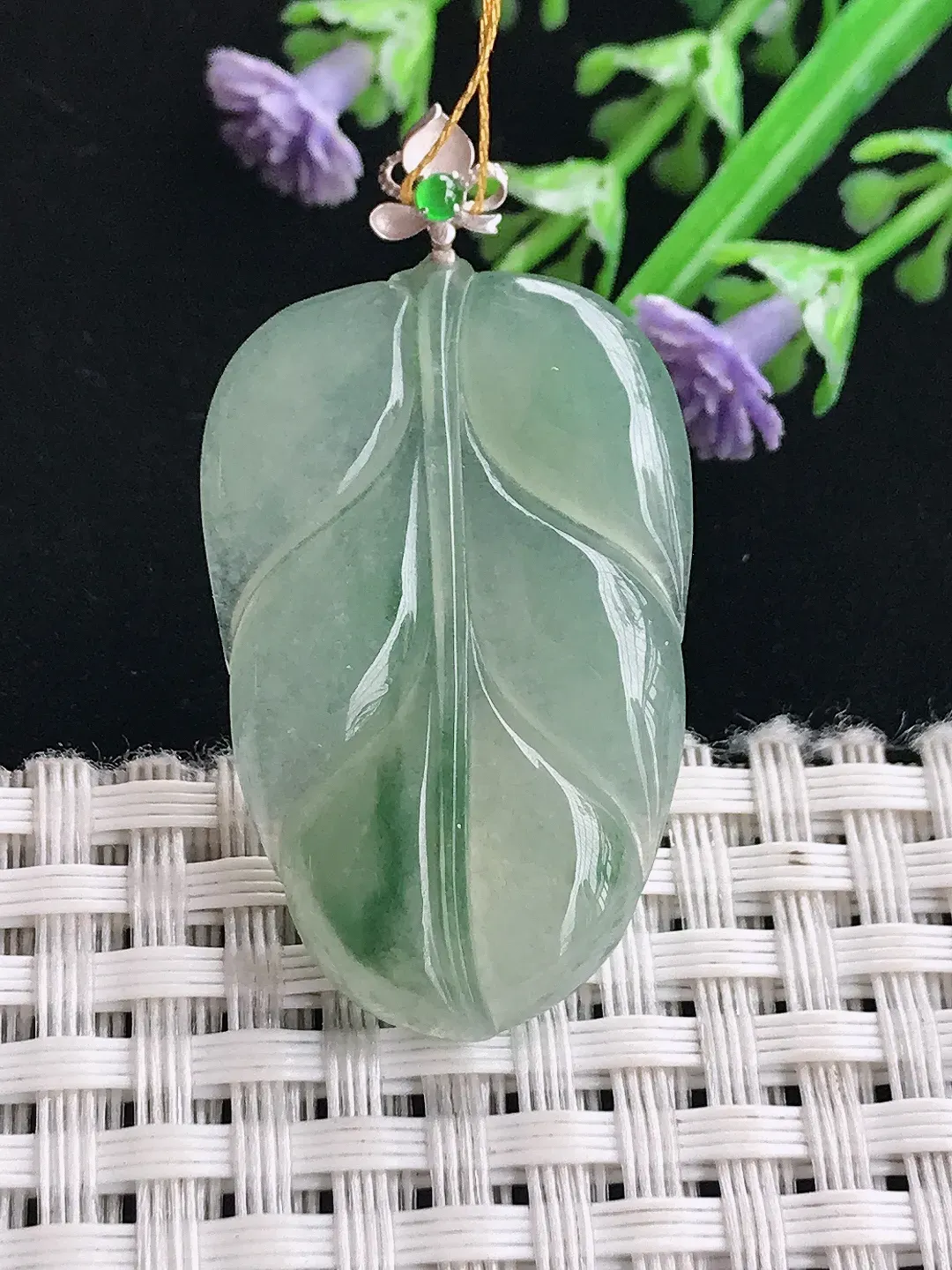 实拍A货翡翠34/21.9/4.2老坑18k金镶嵌冰晴叶子吊坠翡翠金枝玉叶挂件