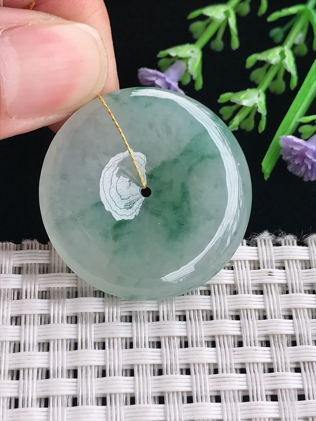 实拍A货翡翠33/5.6老坑冰润起胶飘花平安扣吊坠翡翠挂件