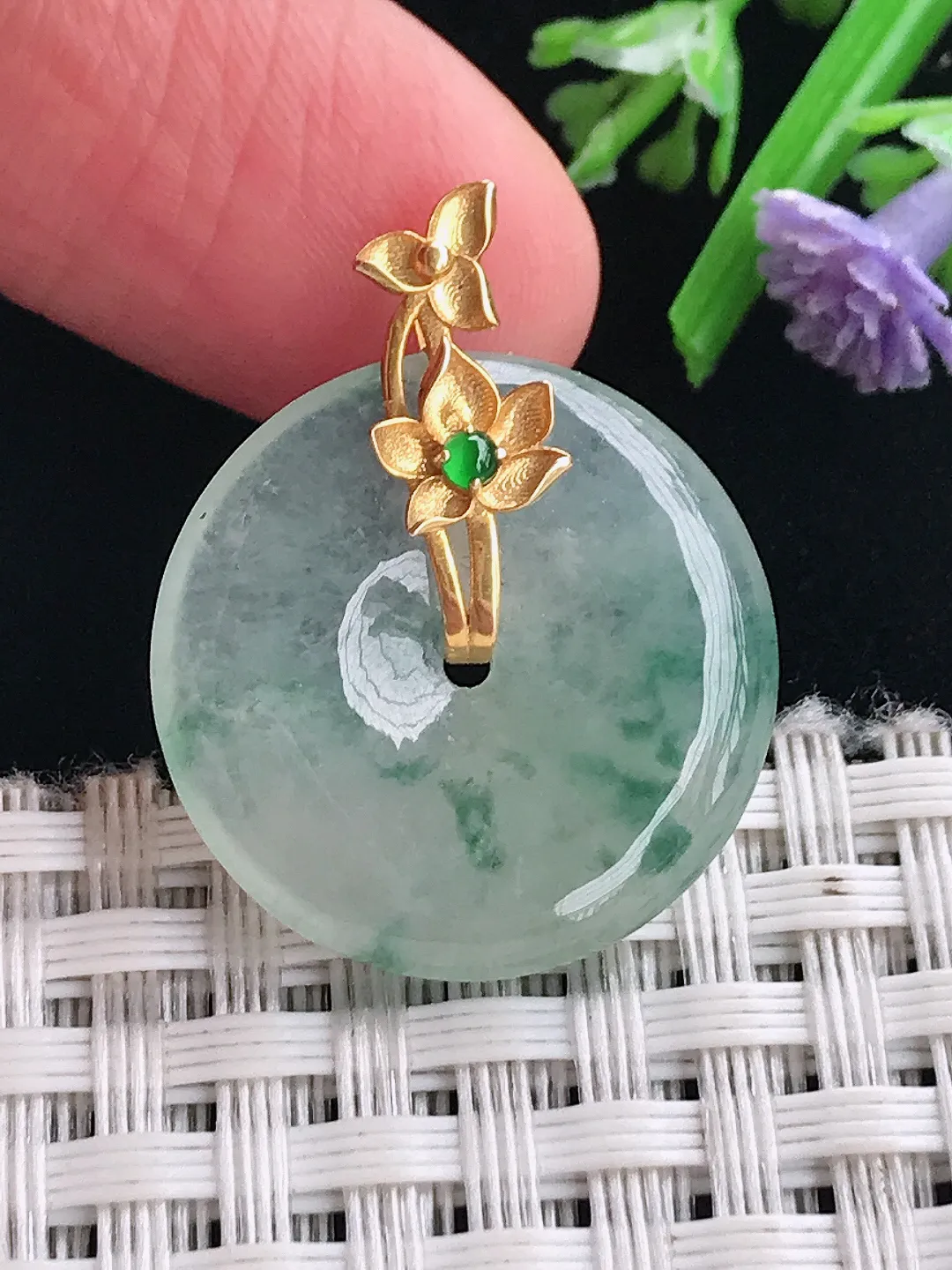 实拍A货翡翠22/4.1老坑18k金镶嵌冰飘花小平安扣吊坠翡翠挂件