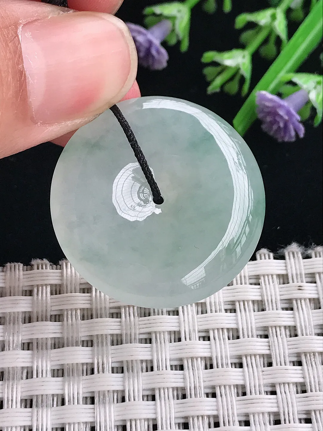 实拍A货翡翠29.3/6.5老坑冰胶果冻飘花平安扣吊坠翡翠玉扣子挂件